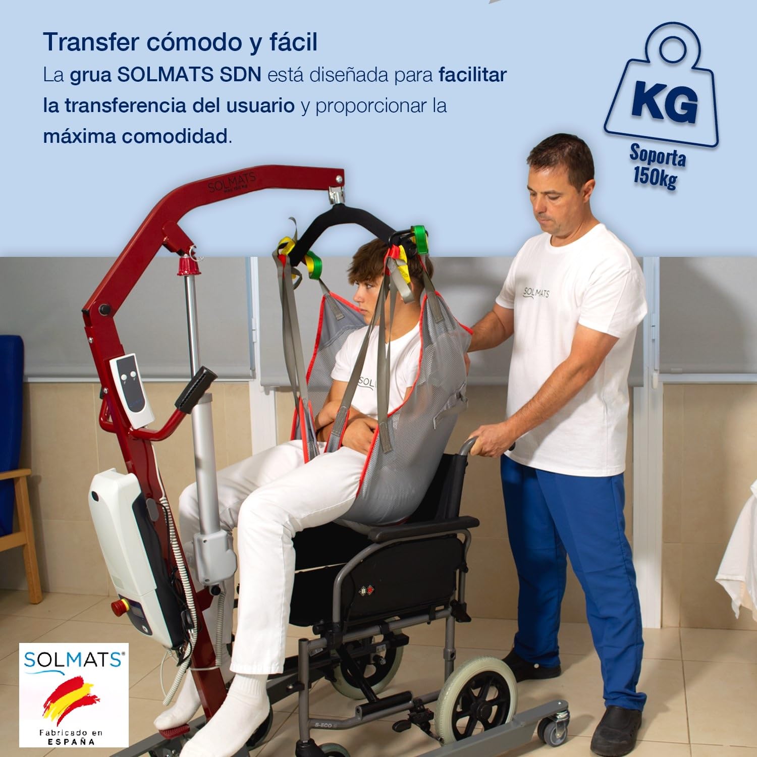 Grúa eléctrica, Grúa personas mayores, Grúa para enfermos, Elevador de pacientes, Marca Española, Solmats, Soporta 150 kg, Arnés Incluido, Personas Mayores, Segura, Plegable, Fácil de Usar