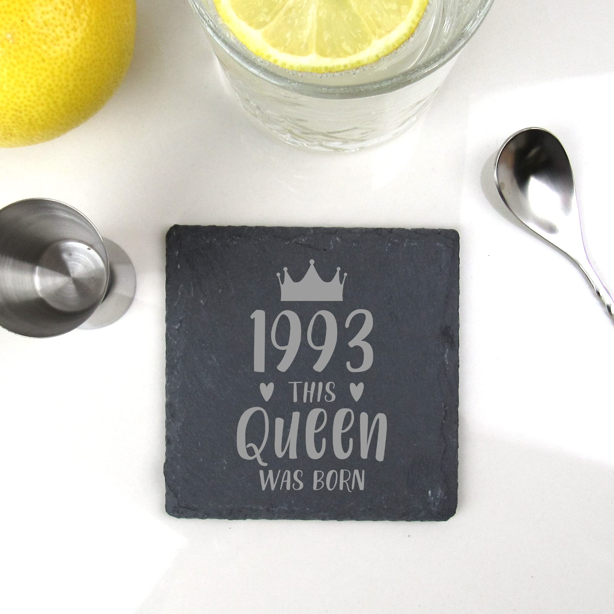 eBuyGB Engraved Square Slate Coaster -1993 This Queen was Born Design - 30th Birthday Gifts for Women, Her - Thirtieth Birthday Gift for Mum, Sister, Auntie, Friend - Drinks Mat, Placemat