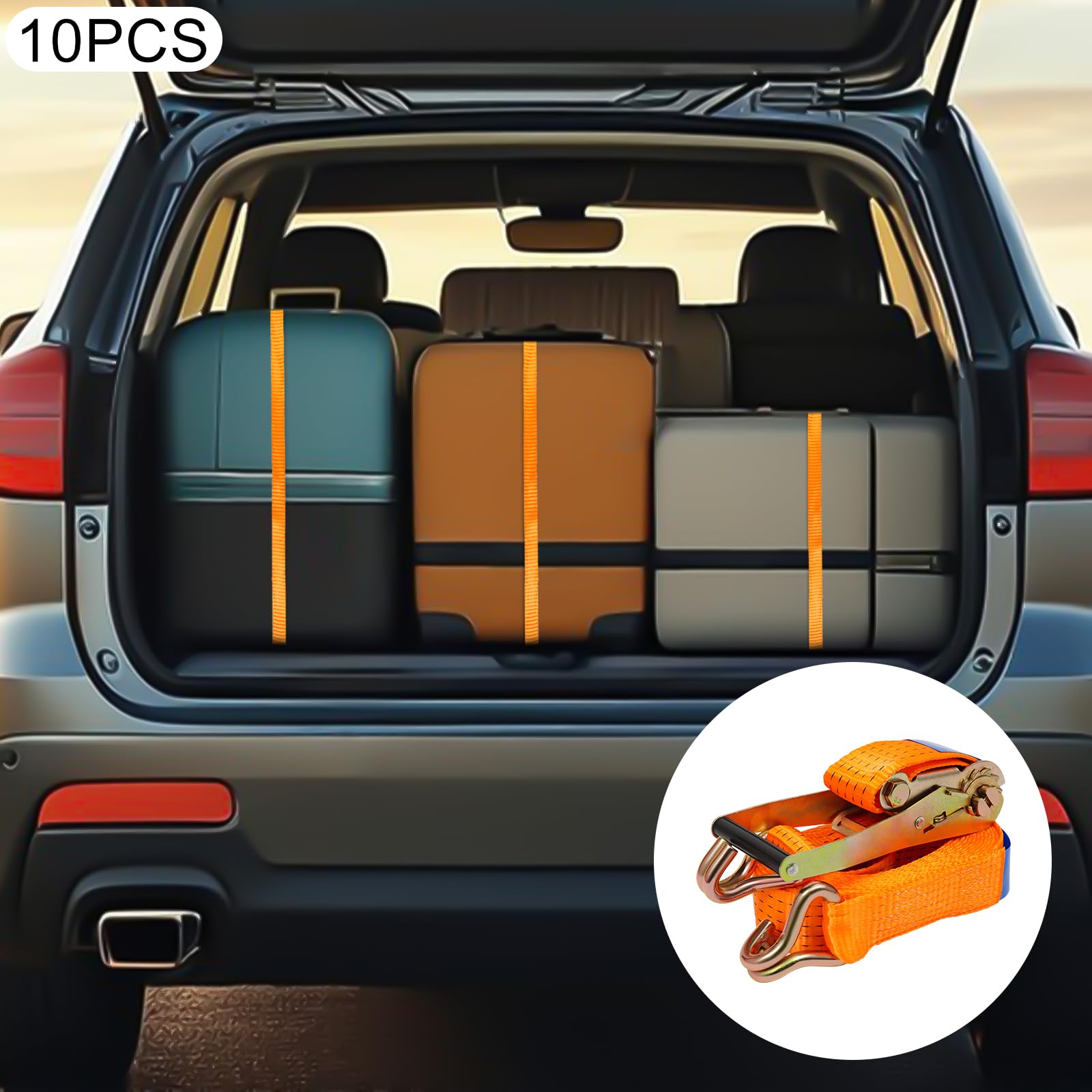 10x Spanngurt mit Ratsche, Zurrgurt 5 cm x 8 m, orange, Arbeitszugkraft 2,5 t (5511 lbs), Doppel-J-Haken, für Ladungssicherung auf Anhänger, LKW, Transporter – ideal für Holz, Möbel, Maschinen