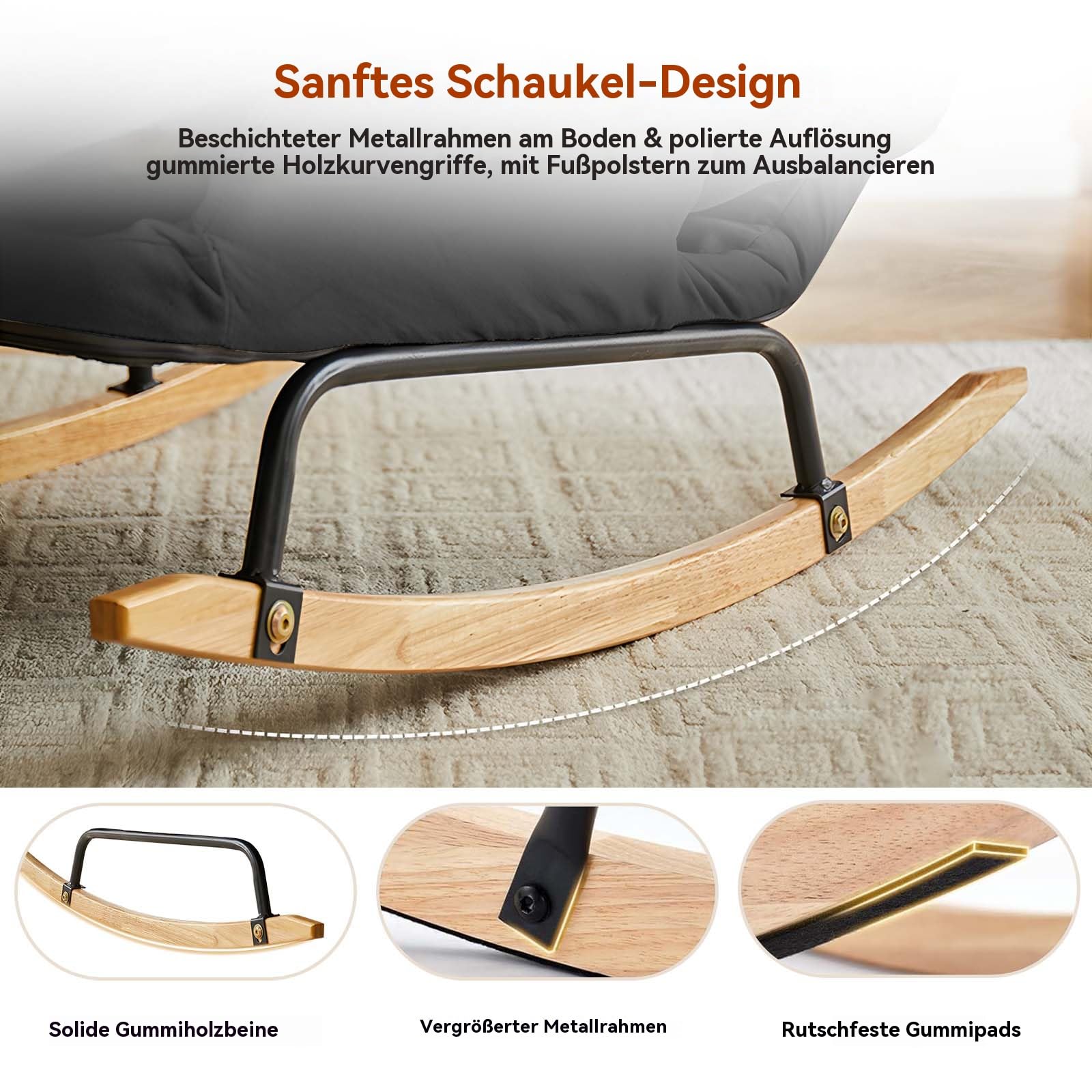 Schaukelstuhl mit Verstellbarer Rückenlehne, Moderner Akzentstuhl für Wohnzimmer Kinderzimmer Schlafzimmer, Extrabreiter Gepolsterter Gleitstuhl (Schwarz)