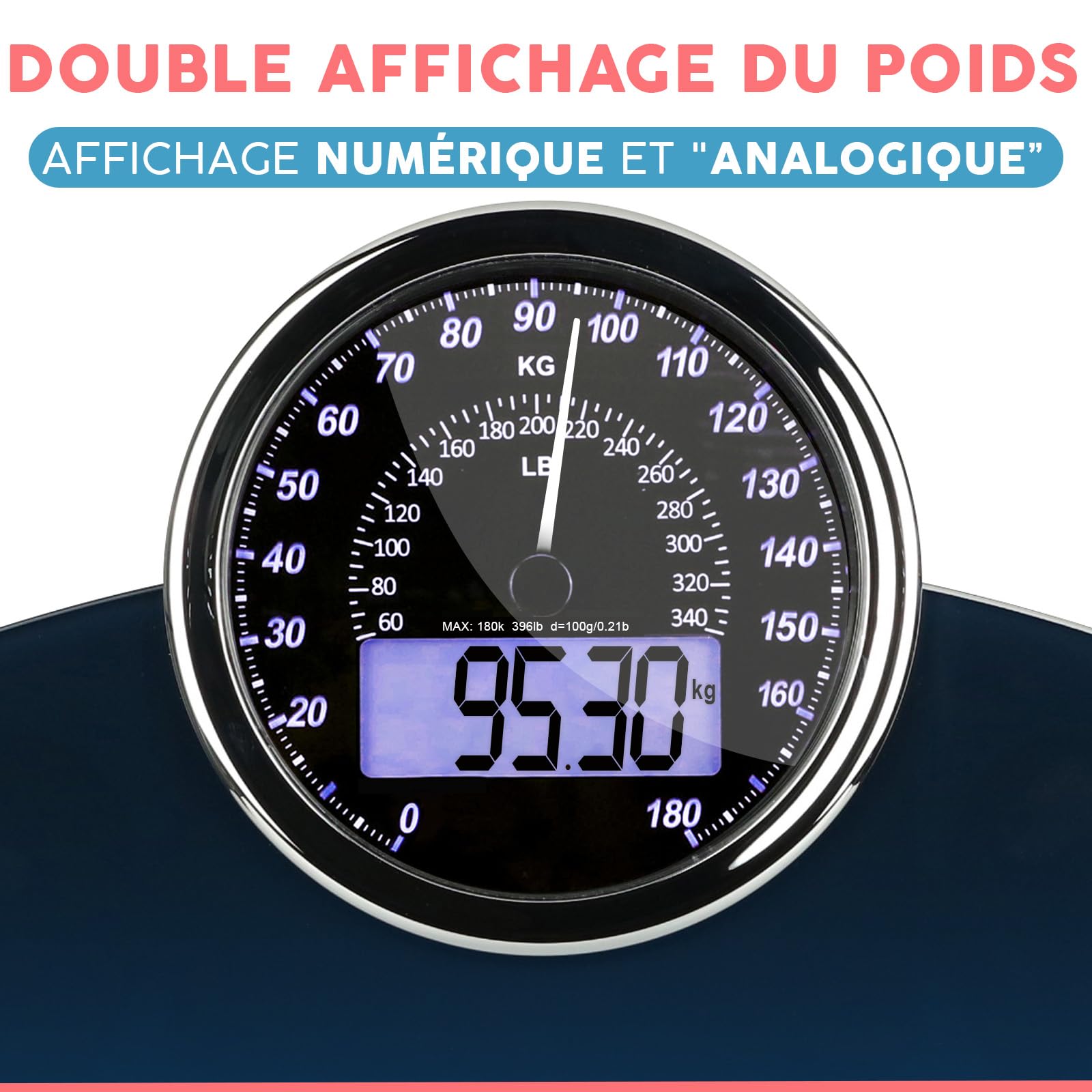 Hybrid Pèse-Personne - Analogique & Digital, Précis jusqu'à 180 kg | Lisez votre poids sur cadran analogique et LCD en même temps. Large plateau, 3 piles AAA incluses, prêt à l'emploi.