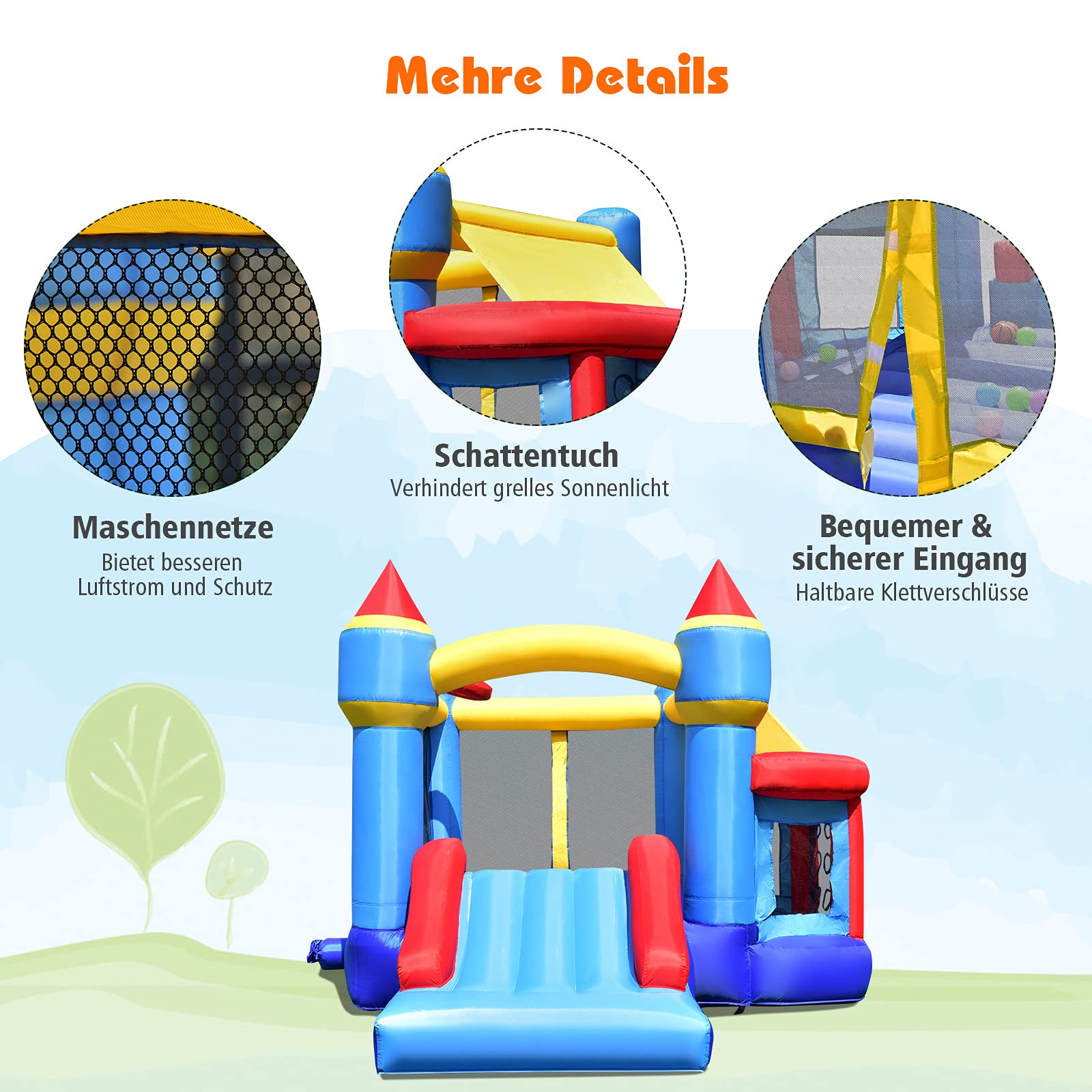 COSTWAY Kinder aufblasbare Hüpfburg, Hüpfburg mit Rutsche, Ballgrube, Reparaturflicken, Aufbewahrungstasche, Kinder-Hüpfburg für Hinterhof, Indoor & Outdoor-Einsatz 270x240x196cm