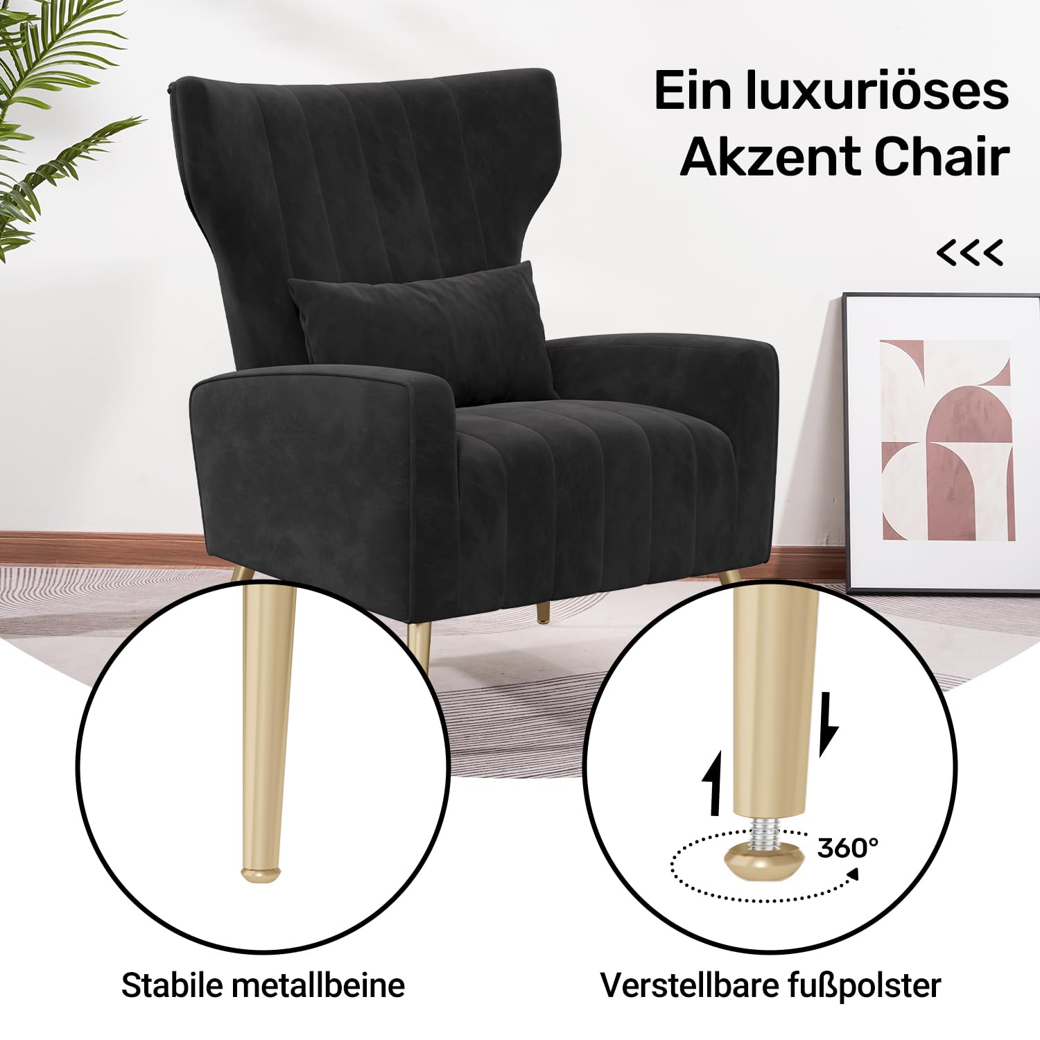 Hawthyhome Relaxsessel/Einzelsofa/Fernsehsessel/Ohrensessel mit Kopfkissen und Gold Metallfüßen aus Samt bis 130kg Schlafzimmer Wohnzimmer Schwarz