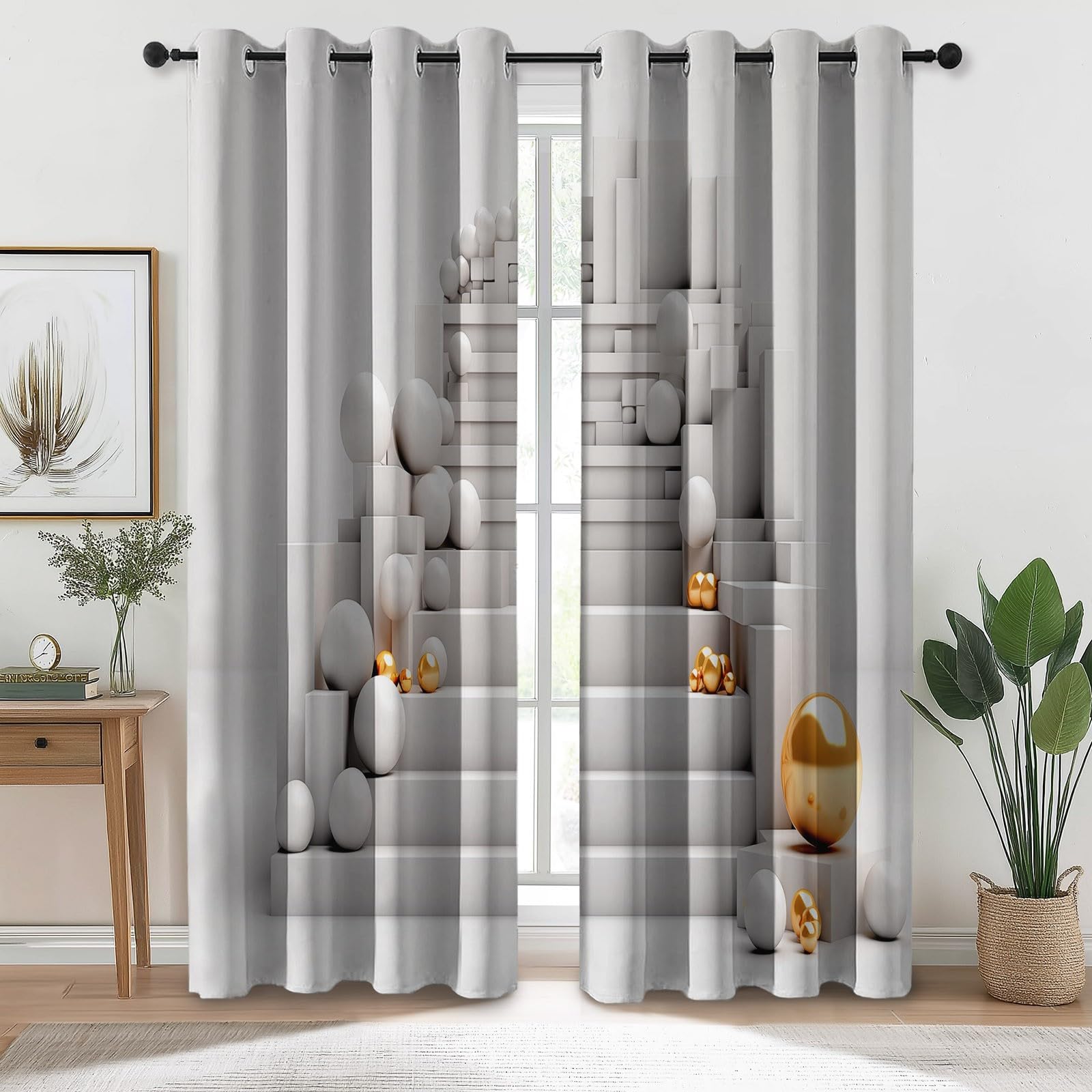 Rideaux à Oeillets 70L X 240H cm (2 Panneaux), Imprimé Sphères Géométriques Modernes, Isolant Opaque pour Porte-Fenêtre et Balcon, Blanc