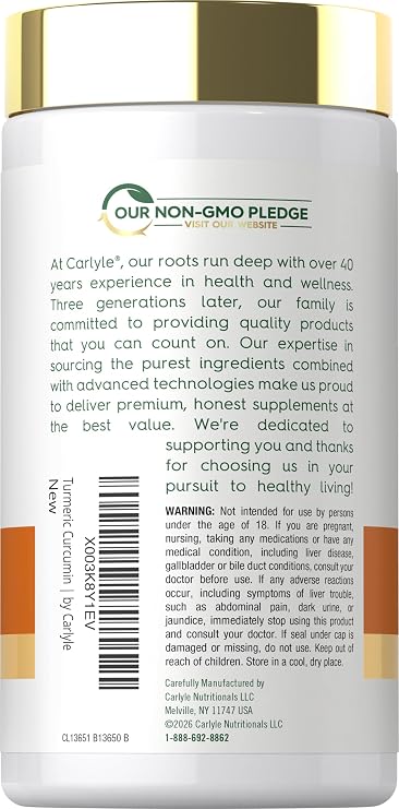 Carlyle Turmeric Curcumin Supplement | 180 Powder Capsules