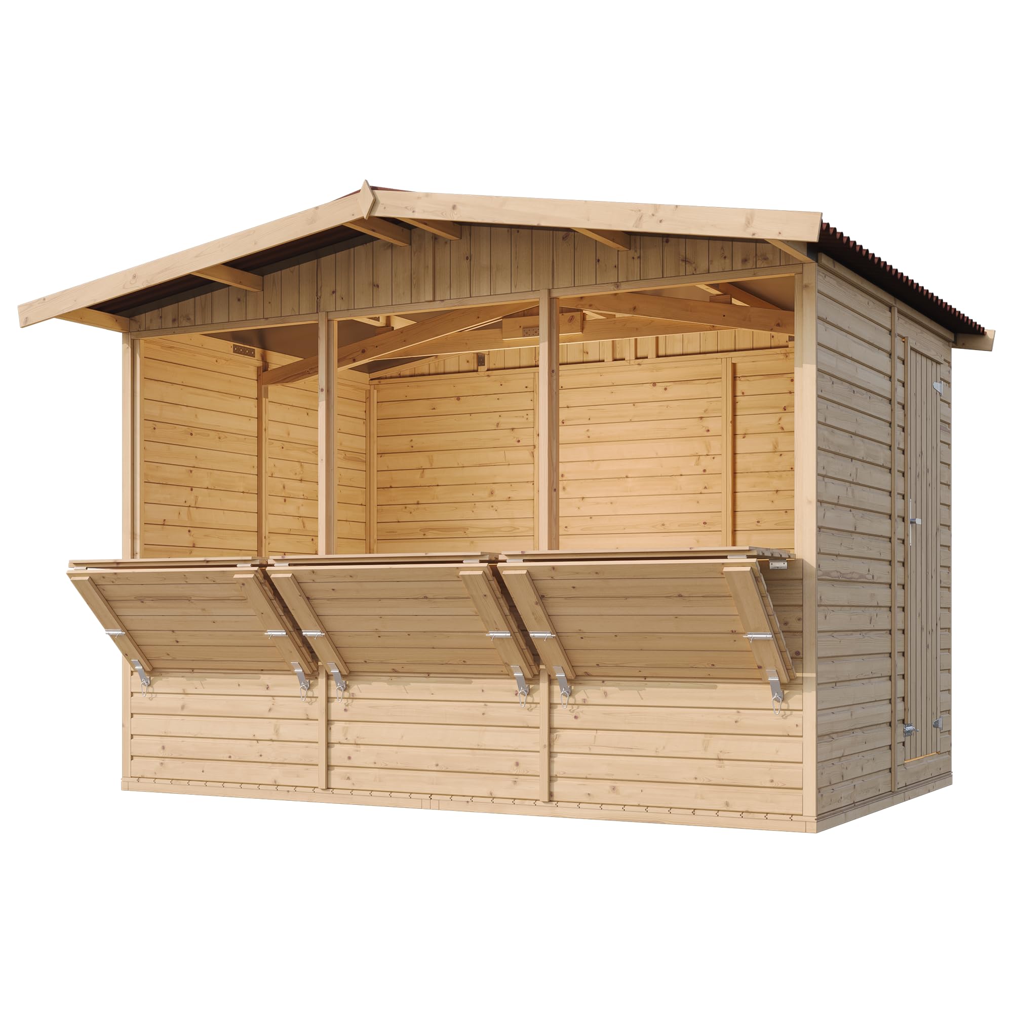 TIMBELA M150A Drewniany domek ogrodowy, bude targowy, wysokiej jakości listwy statkowe, sosna, świerk, stoisko sprzedażowe, drewniany domek z ladą, trzy okna, 200 x 300/6 m², duży, wielofunkcyjny bar