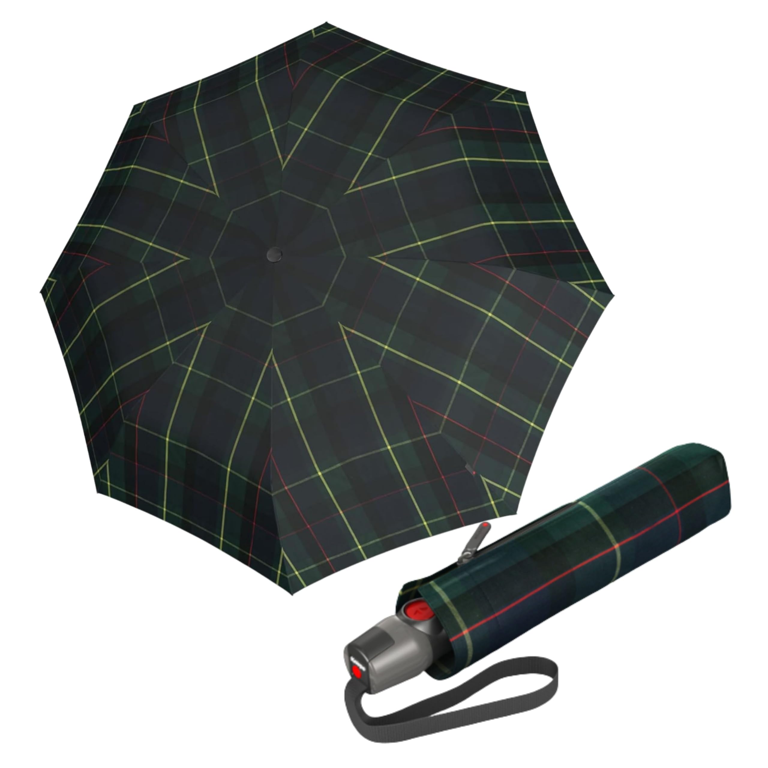 Knirps T.200 Duomatic Compact Rain Umbrella in Check Hunter– Wind Tunnel Tested to 93 mph, Aluminum Steel Fiberglass Frame, 38in Canopy, OEKO-TEX,