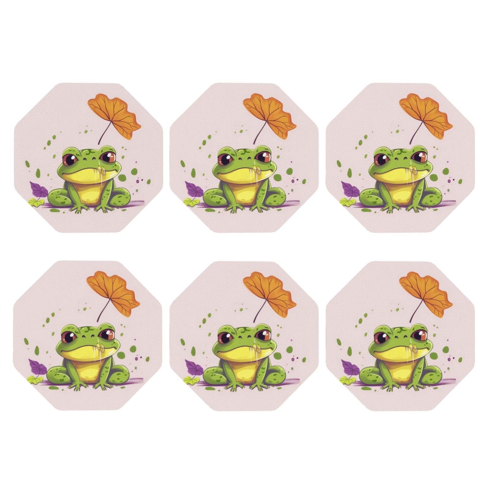 6pcs Leather Coasters for Drinks, Leaves and Frog Drink Coasters for Tabletop Protection, 4" Cup Coasters for Coffee Table Decor, Non-Slip Drinking Cup Mat for Hot Or Cold Drink