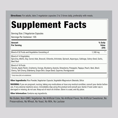 Miniatura 2 de Piping Rock Suplemento de frutas y verduras | 250 cápsulas | Superalimentos de frutas y verduras Vitaminas para adultos | Vegetariano, sin OMG, sin