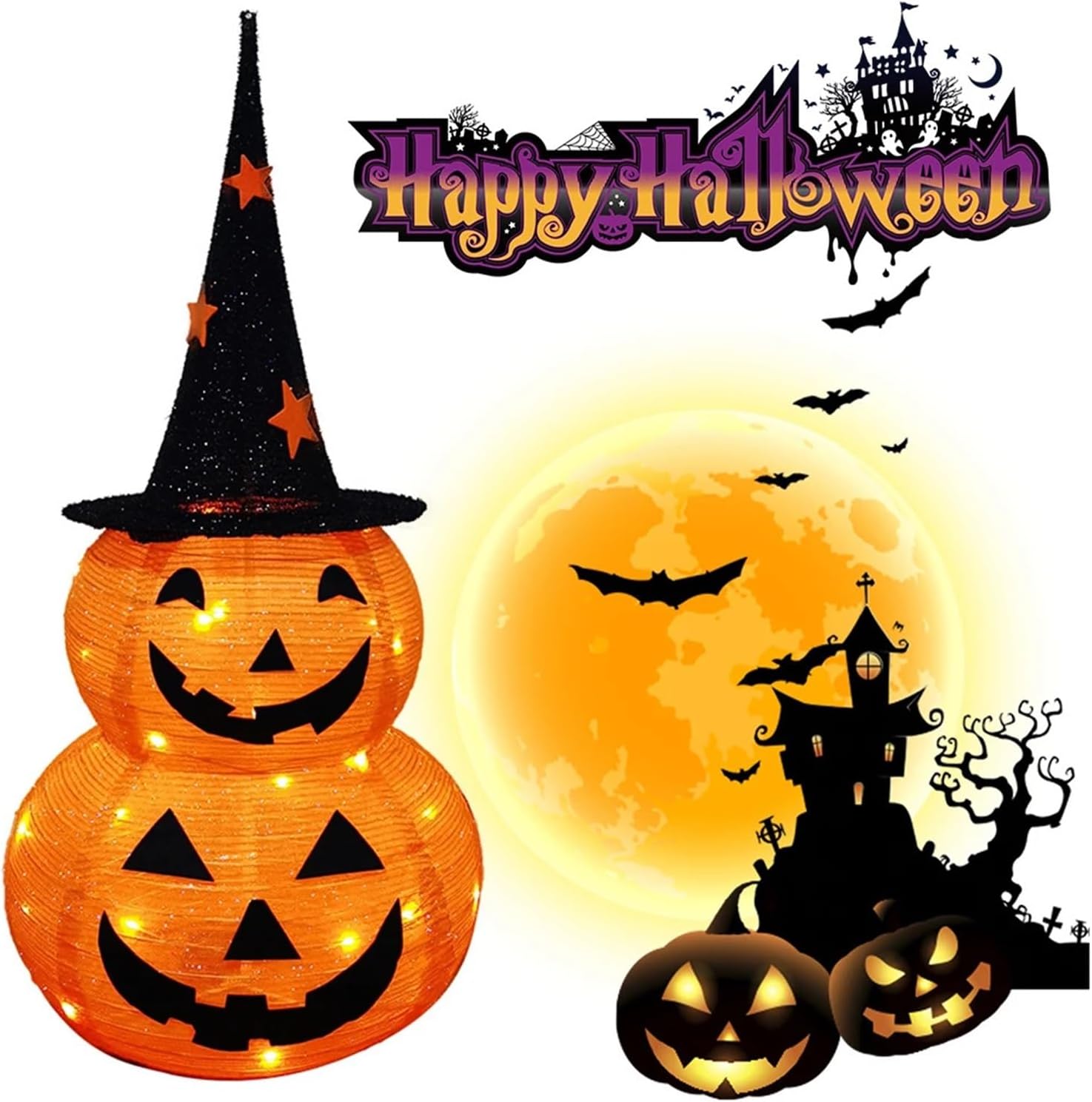 ハロウィンの装飾、 ハロウィン LED ライト付き かぼちゃマン 星付き ブラックトップハット デコレーション 8モード ホームデコ