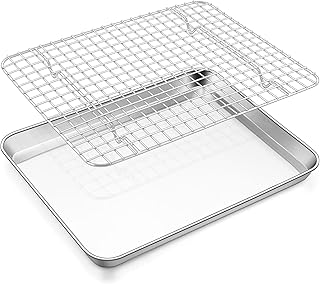 E-far Stainless Steel Baking Sheet with Wire Rack Set, 12.5” x 9.7” Cookie Sheet Broiling Pan for Oven, Rimmed Metal Tray with Cooling Rack for Cooking Roasting, Non-Toxic & Dishwasher Safe