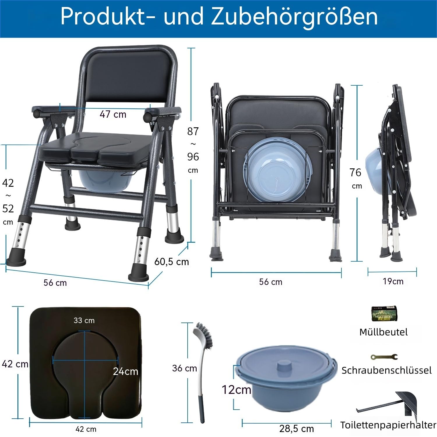 Toilettenstuhl Für Senioren, Höhenverstellbar 42-52cm 5-Stufen Klappbarer WC-Stuhl für Senioren, Toilettenstuhl mit Armlehnen 200kg Belastbarkeit, Bett Toilettenstuhl für Ältere Menschen