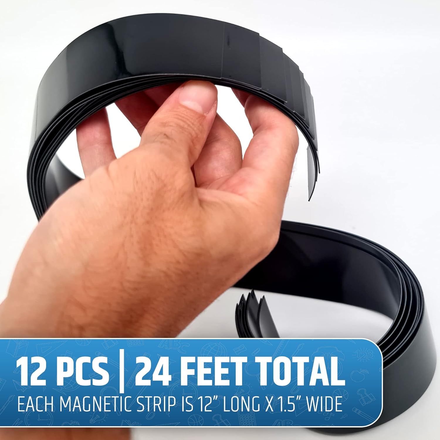 Strong & Wide Magnetic Borders for Classroom Whiteboard - Visible Magnetic Strips for Teachers (4 Designs Available) | Straight Plain - Black | 12 Strips of 24X1.5 Inch - 24 Feet Total