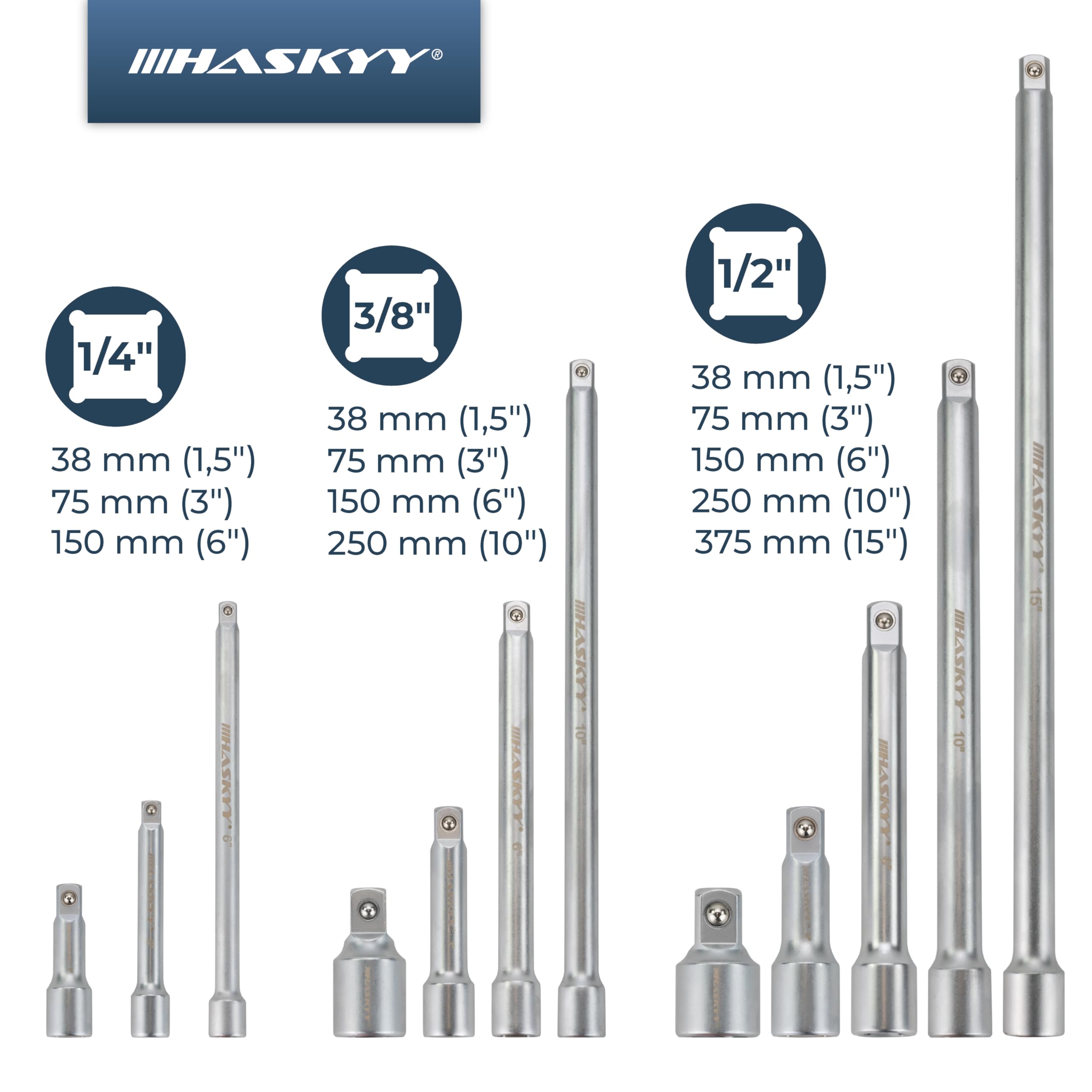 HASKYY Steckschlüssel Stecknuss Verlängerung Satz 1/4 3/8 1/2 Zoll Ratsche Knarren Verlängerung Adapter Kardangelenk Zündkerzen Nuss Set Verbindungsteile für KFZ & Industrie