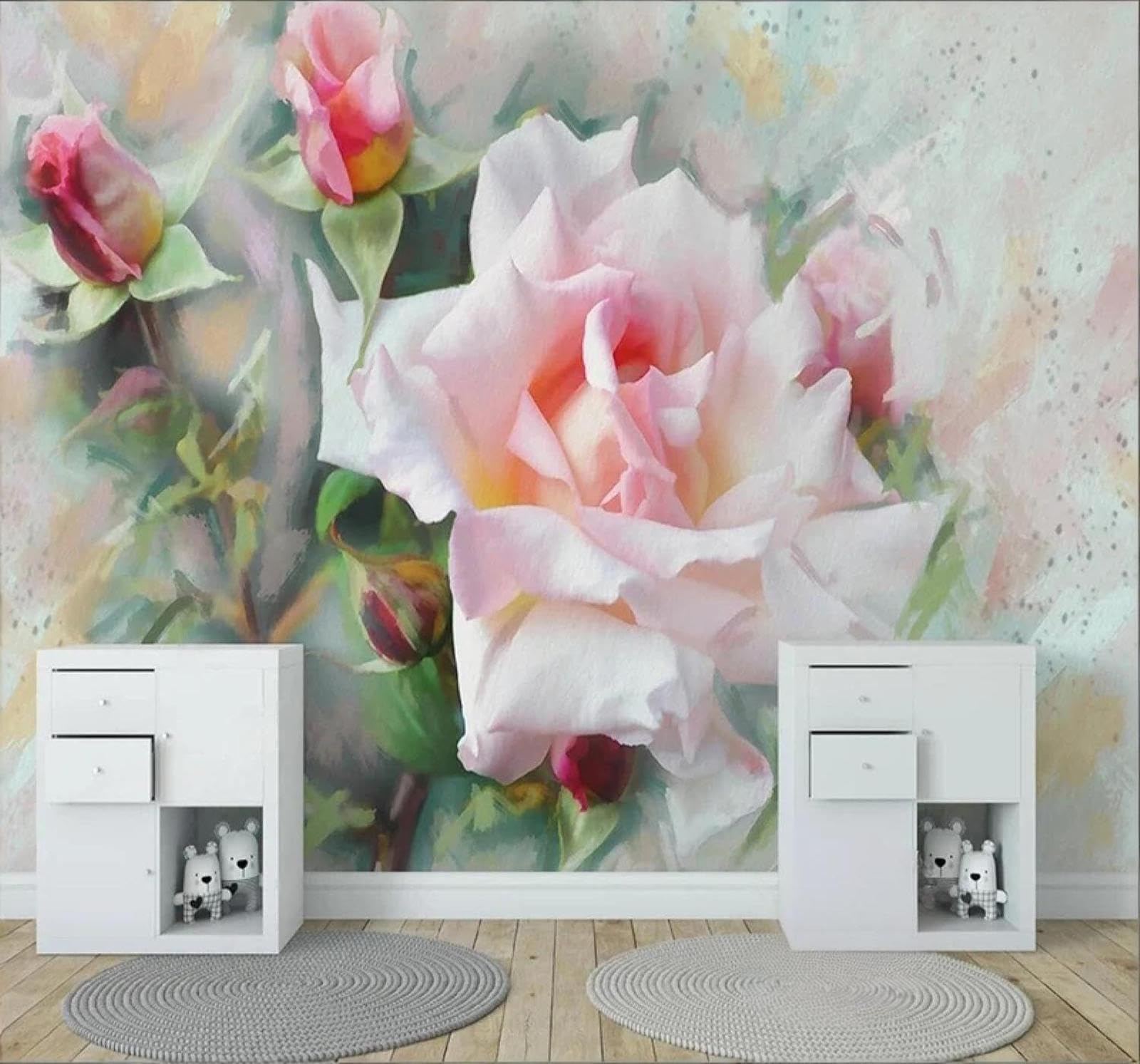 XLMING Simple Three Dimensional Beautiful Pink Roses 3D Wallpaper Luxury Silk Study Dining Feature Sofa Grey Bedroom Living Room Tv Decorative Wall-300cm×210cm