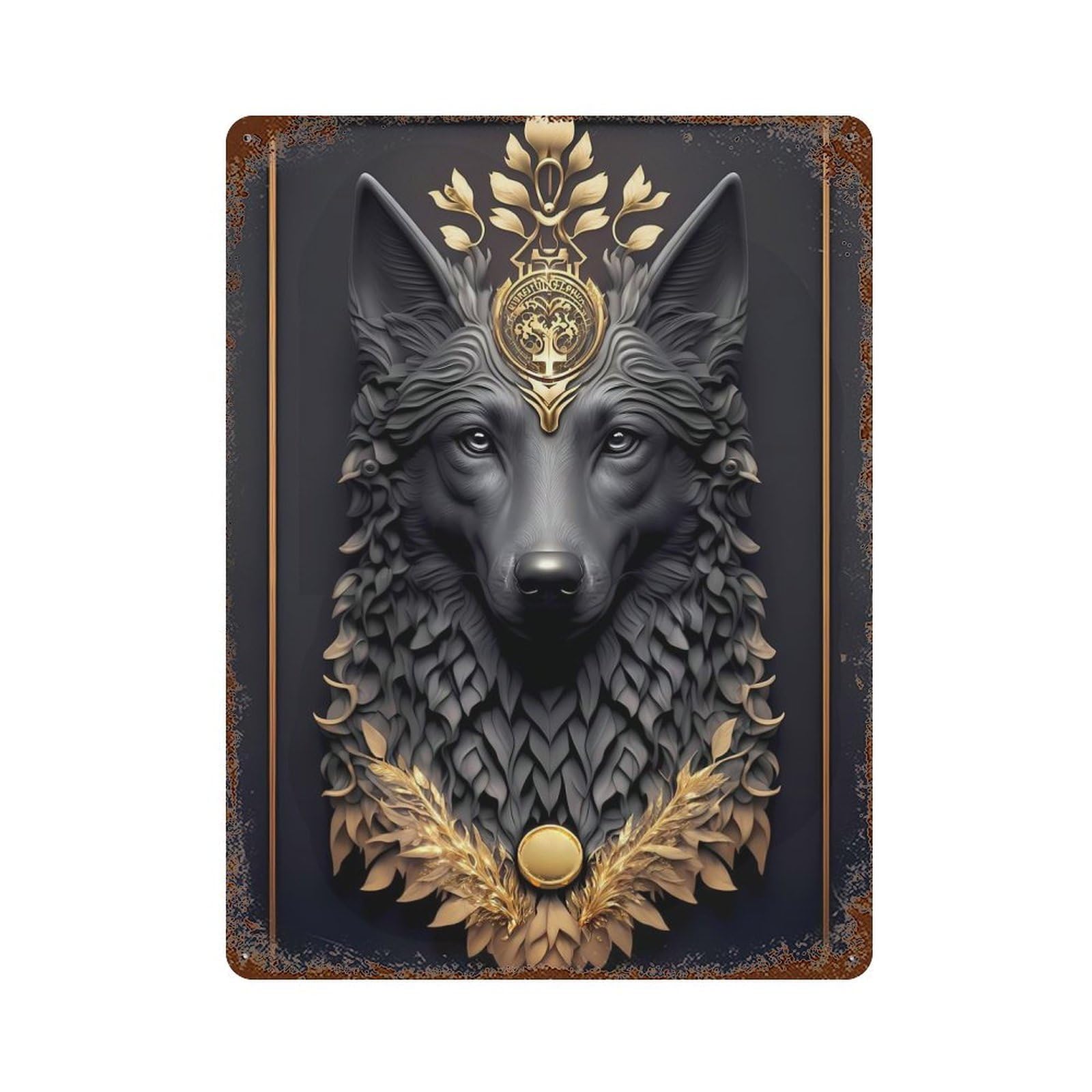 Garage Style King Wolf Golden Art Deco Rustic Tin Plaque 15.7"x11.8", Vintage Wall Decor for Bar And Workshop