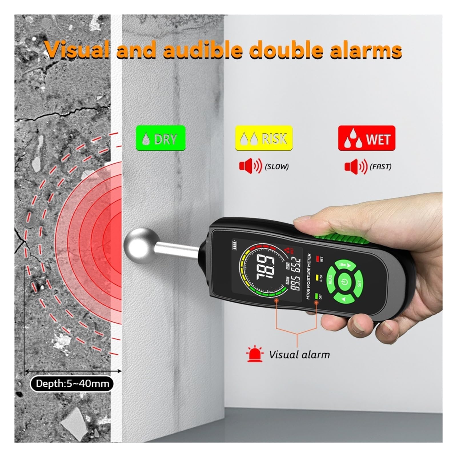 Legno MoistuMeter Rilevatore di umidità del legname Schermo LCD Igrometro Allarme Umidità Tester Rilevamento senza pin Per uso fai da te