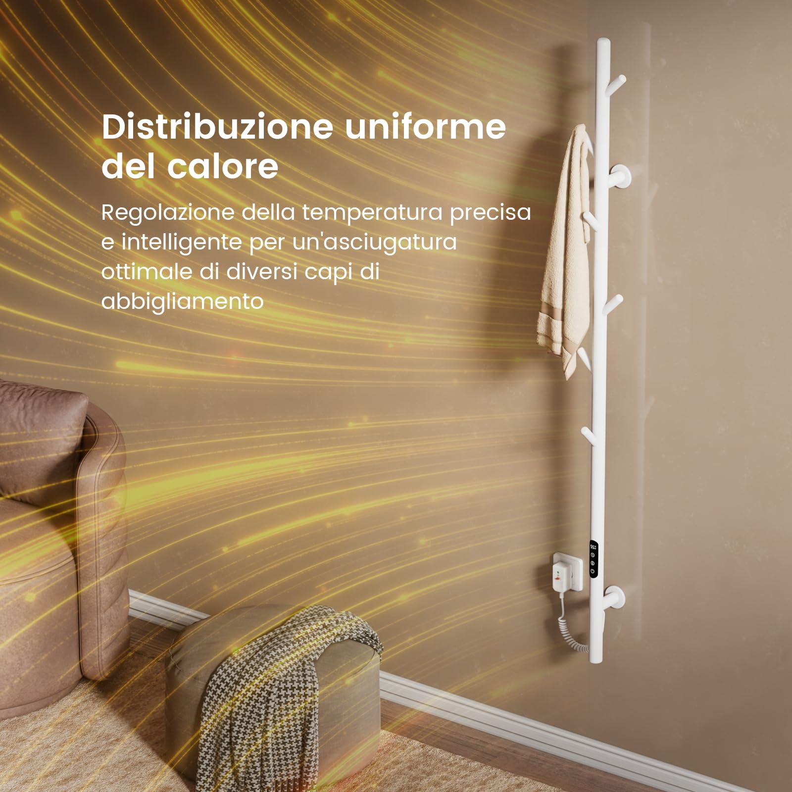EMKE Scaldasalviette Elettrico da bagno, termostato intelligente WiFi, scaldasalviette elettrico a barra singola, 150 cm di altezza, Bianco