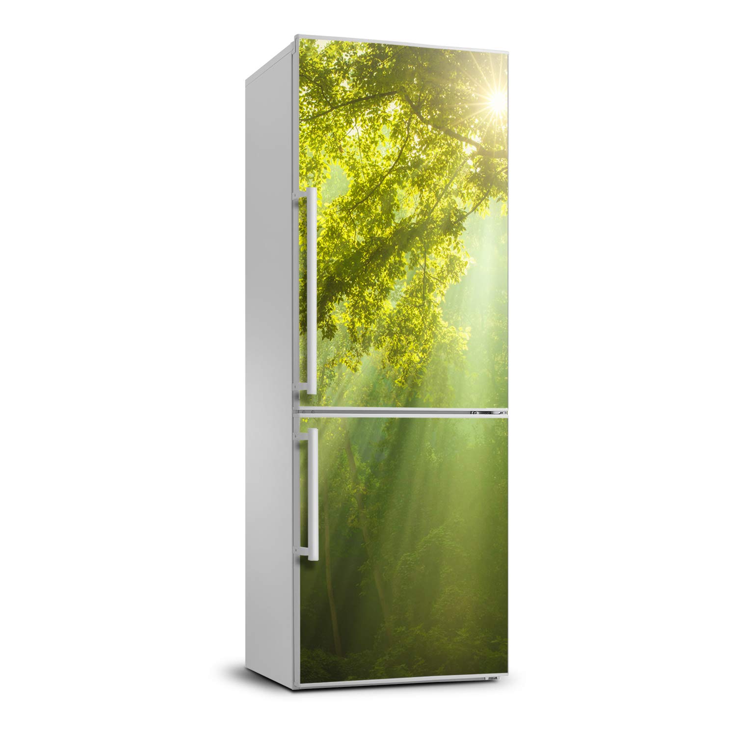 Sticker frigo forêt et soleil pour masquer les rayures et rénover un vieux réfrigérateur