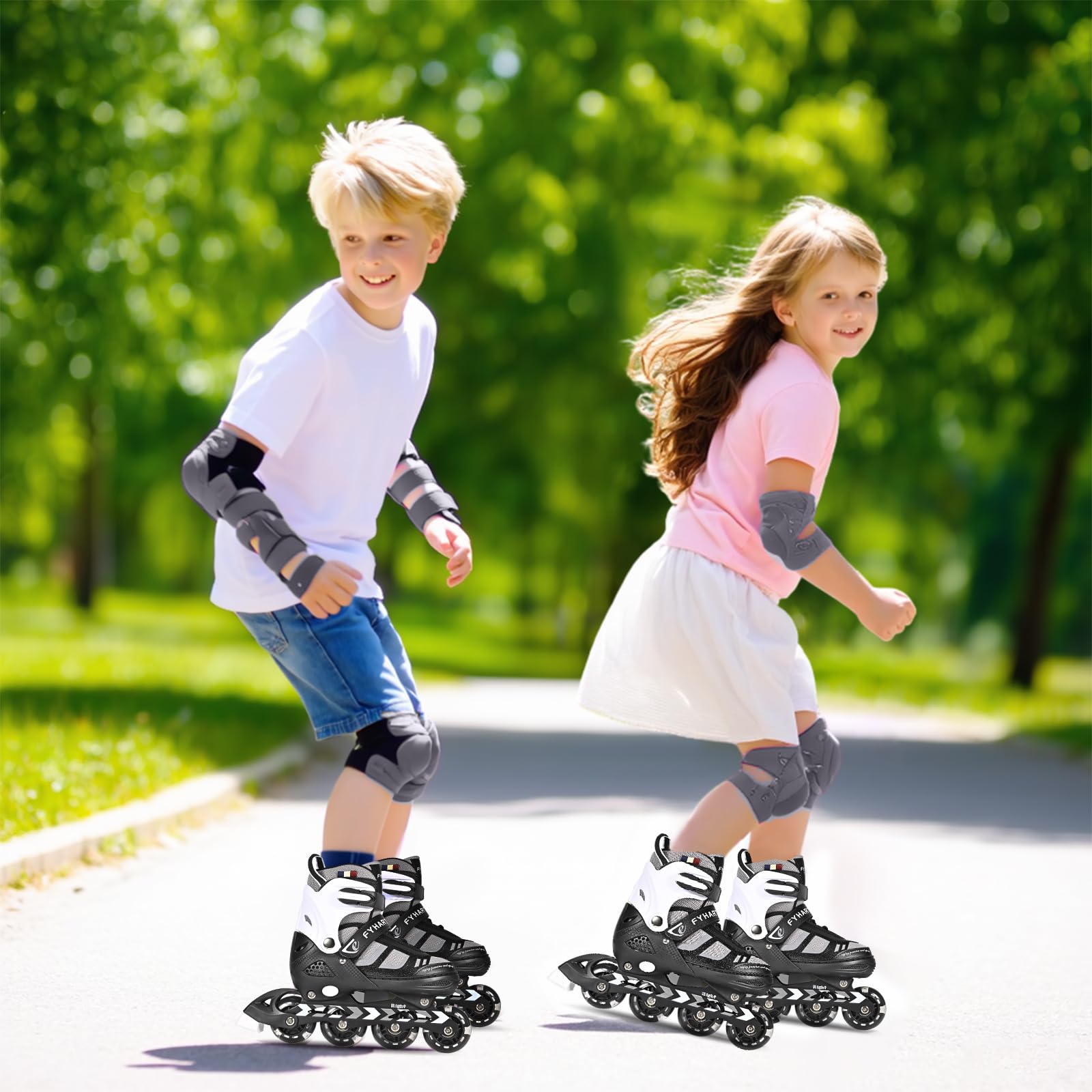 Patines en línea Ajustables para niños y niñas, Patines en línea de 4 Ruedas para Adolescentes y Adultos con Ruedas Luminosas para Deporte, Negro y Blanco