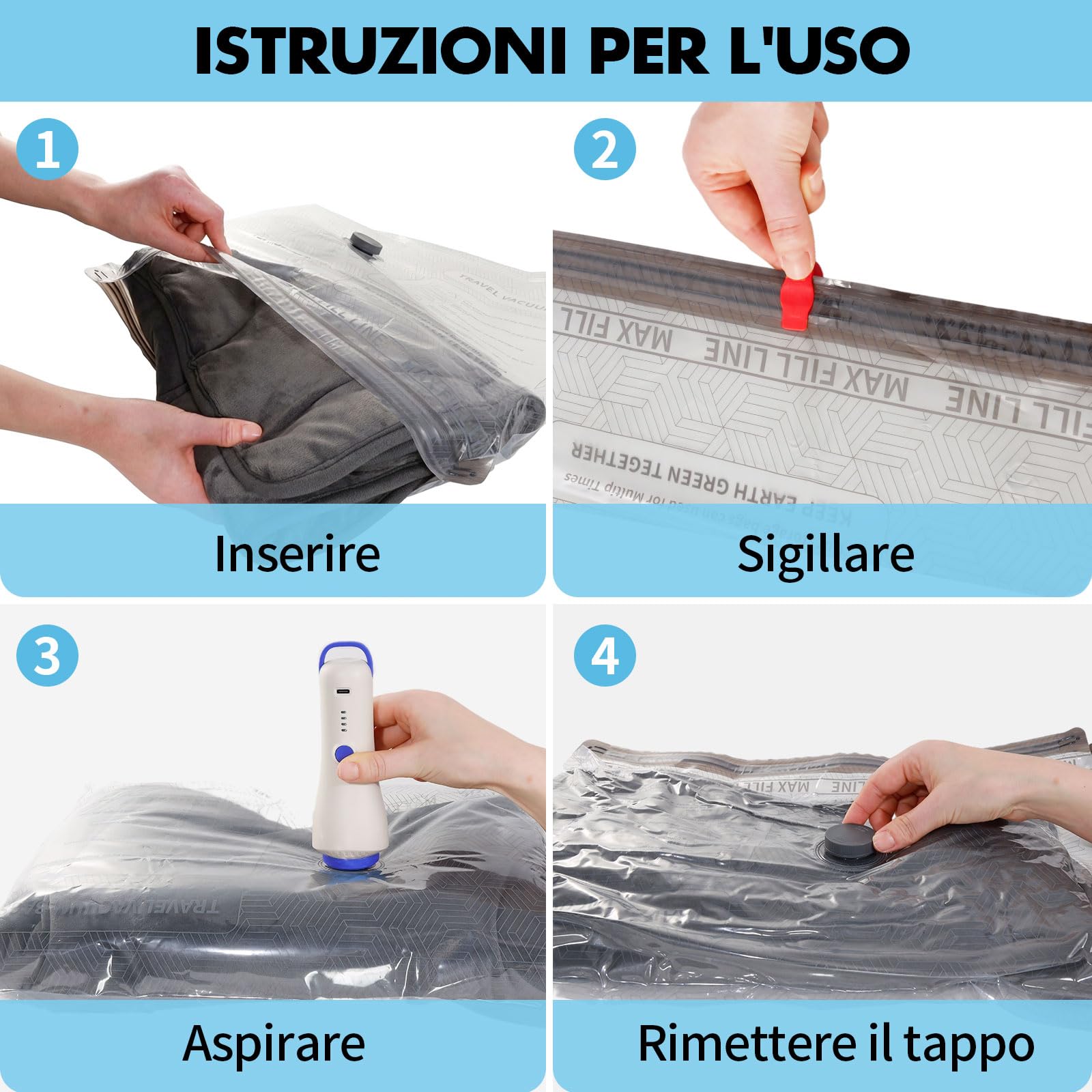 Sacchetti Sottovuoto Vestiti con Pompa Wireless 4500Pa, Set 20 | 3 misure: 50 × 40, 60 × 40 e 60 × 50 cm, fino all’80% di spazio in meno per viaggio, valigia, armadio e biancheria
