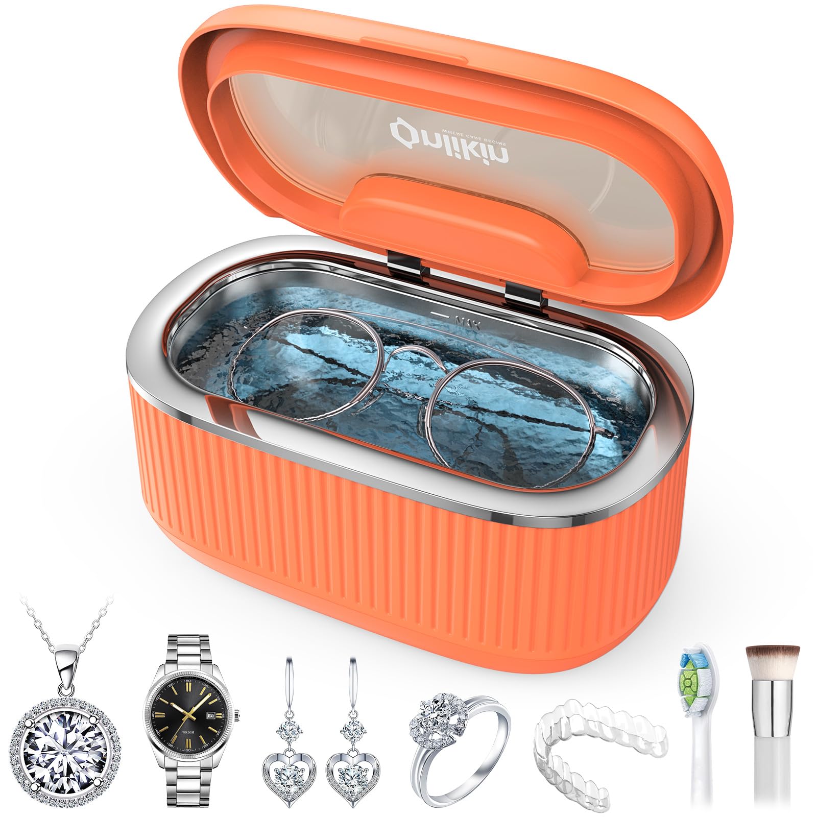 35W Ultrasonic Jewelry Cleaner, 45KHz Retainer Cleaner for Jewelry, 5 Timer &amp; 3 Power Modes, Eyeglasses, Rings, Watch Strap, Dentures - 20oz, 304 Stainless Steel Tank, Quiet <38dB (Orange)