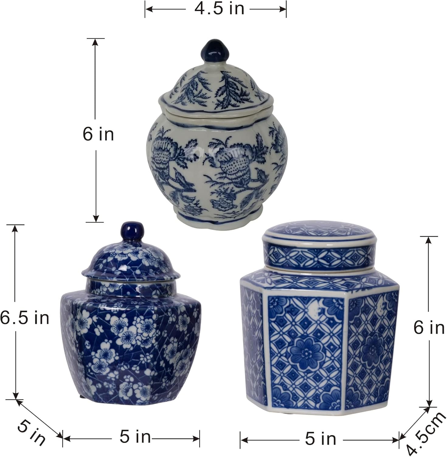A&B Home Blue and White Vase, Porcelain Ginger Jars for Home Decor, Chinoiserie Vase for Bedroom Living Room Console Table Accent, Shelf and Tabletop Decor, Set of 3
