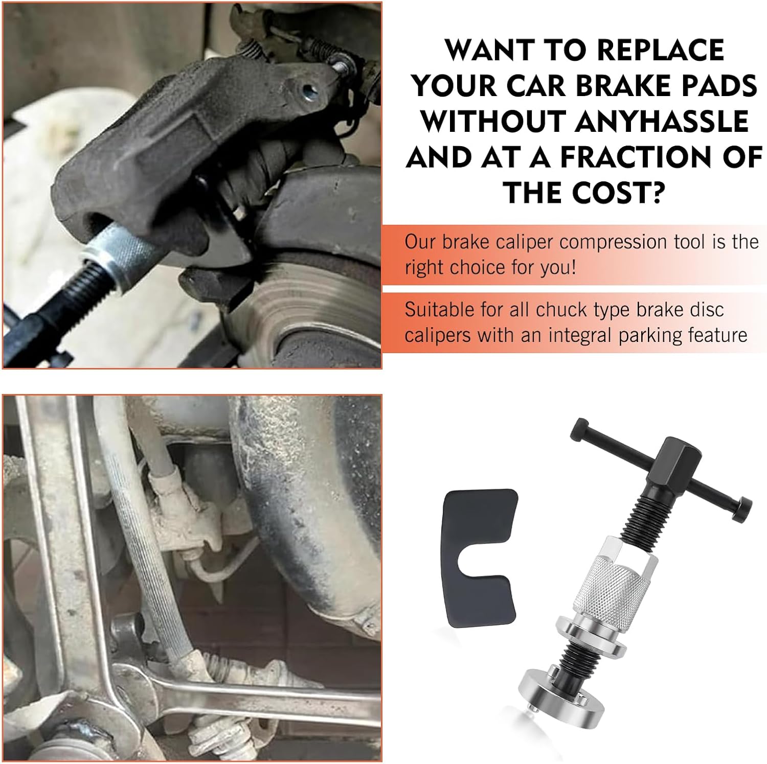 1 PC Rear Brake Caliper Tool, Metal Brake Caliper Compression Tool, Right Handle Brakes Piston Compressor Tools, Universal for Most Cars, Trucks, SUVs (Silver)