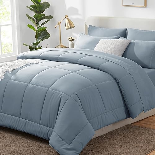 CozyLux King Size Comforter Set Grayish Blue, 7 Pieces Bed