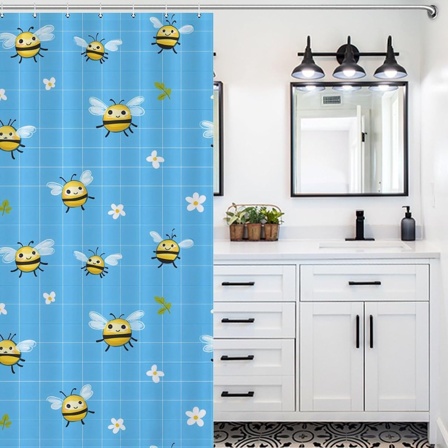 Bees Blue Checked Background Bath Curtain Waterproof Shower Curtains with Hooks for Bathroom Showers and Bathtubs 64.17x70.87Inch（163x180cm）