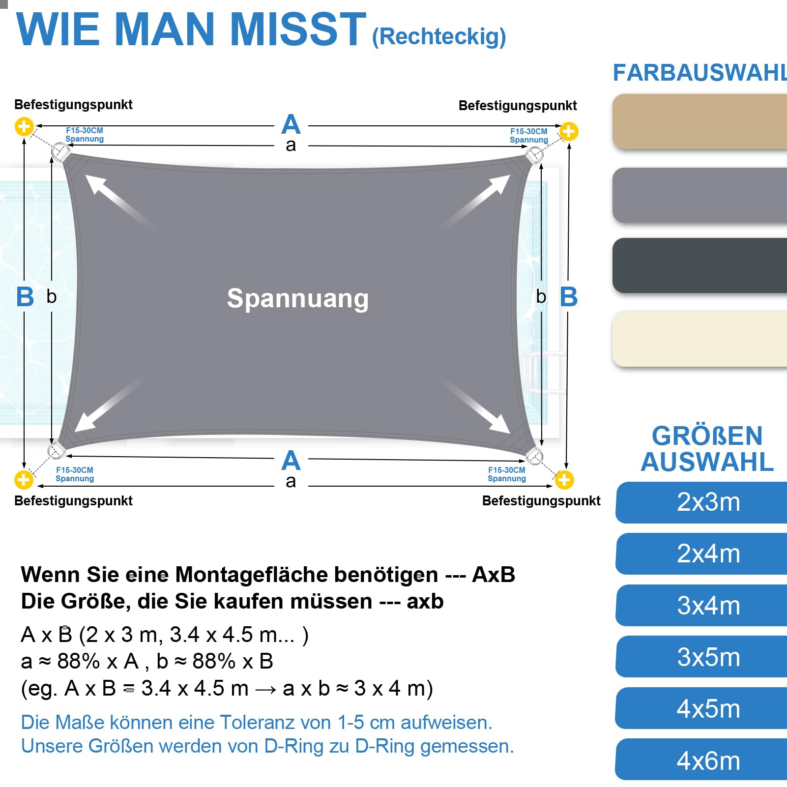 2x4m Sonnensegel Rechteckig, Wasserdicht Sonnenschutz Segeltuch Sunsegel, 95% UV Schutz, Regenschutz, Premium Polyester Sonnensegel für Balkon Terrasse Garten (Hellgrau)