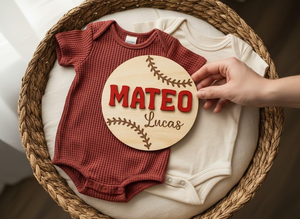 Personalized Baseball Baby Name Sign with Birth Stats Plaque, Custom Wooden Newborn Announcement, Hospital Photo Prop, Keepsake Gift Set (Bunde - Name + Stat Sign)