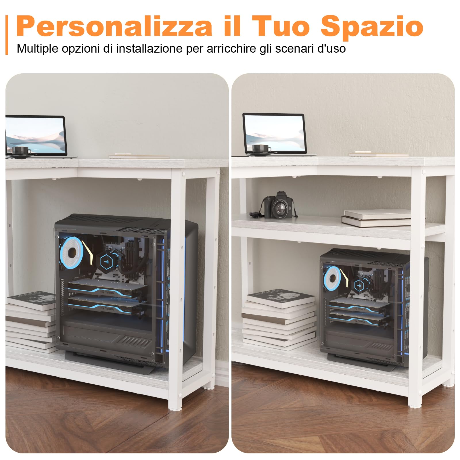 TRIUMPHKEY Scrivania ad Angolo Reversibile 120 x 80cm, Scrivania a Forma di L con Ripiani,Tavolo da Lavoro,Struttura in Acciaio, per Computer, Ufficio, Studio and Soggiorno, Marrone rustico