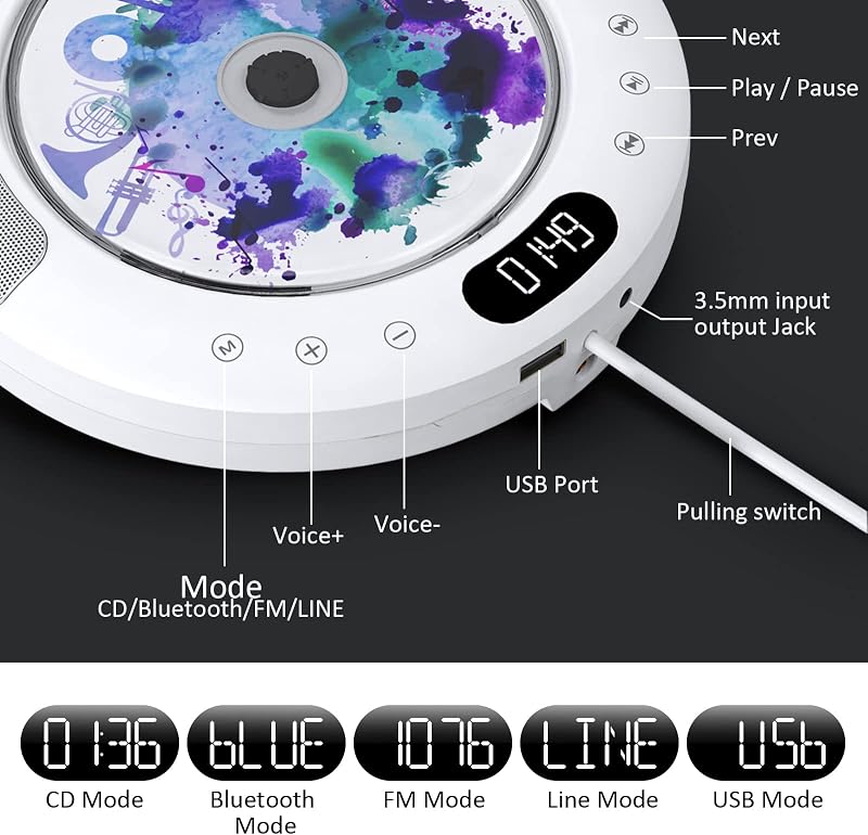 KOVCDVI Bluetooth CD Lejátszó Fali Szerelésű Érintőgombos Hangszóróval FM Rádió USB AUX LCD Kijelző Távirányító Portalanító Fedél