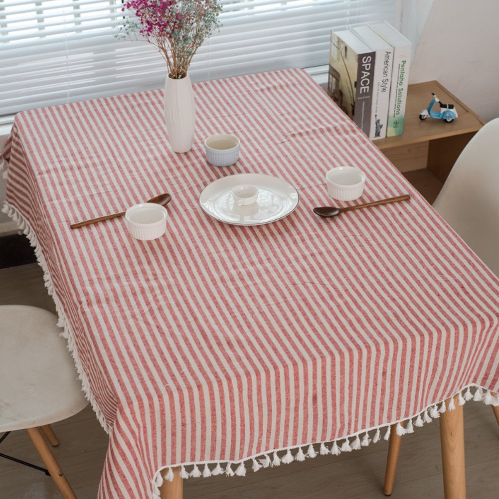 meioro Tablecloths Striped Tassel Table Cloth Rectangular Tablecloth Cotton Linen Table Cover Suitable for Home Kitchen Decoration (Red/White Stripes - Image 4