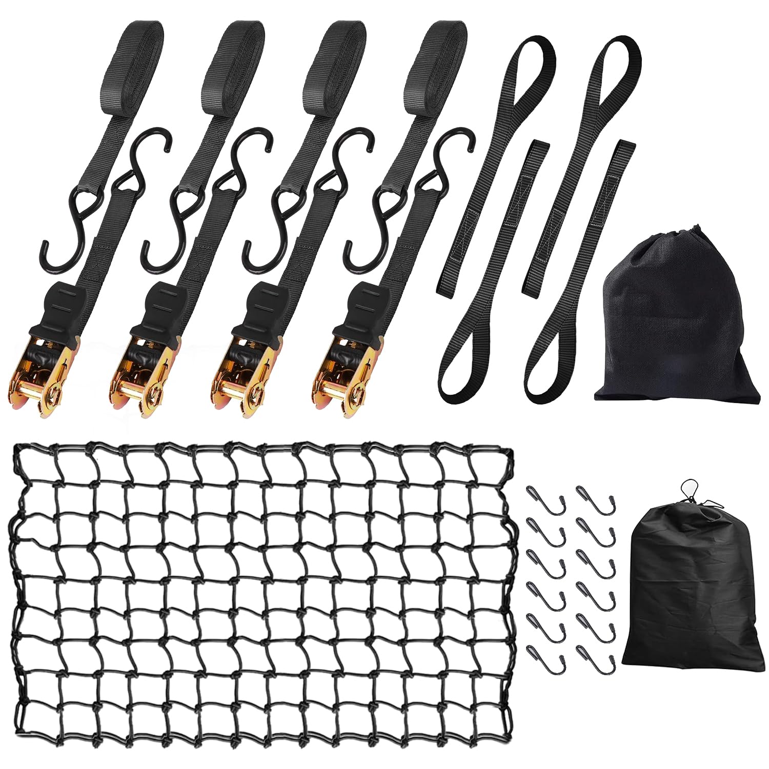 Ratchet Straps Tie Down Kit with Pickup Truck Cargo Net 1800lb Break Strength Heavy Duty Cargo Ratchet Straps for Motorcycle Trucks Moving Bungee Cargo Net to Provide Additional Secure to Safe Travel