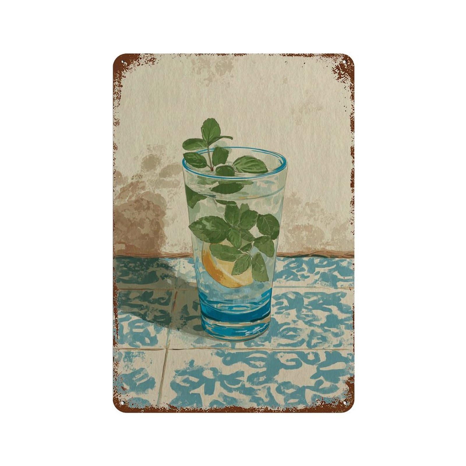 xiaoxiaoshen Moroccan Mint Tea Minimal Still Life Blue Green Neutral Kitchen Painterly Wall Decor Art Metal Tin Poster Modern Home Decor Art Home Bar Shop Decorations Vintage Sign 30x20cm