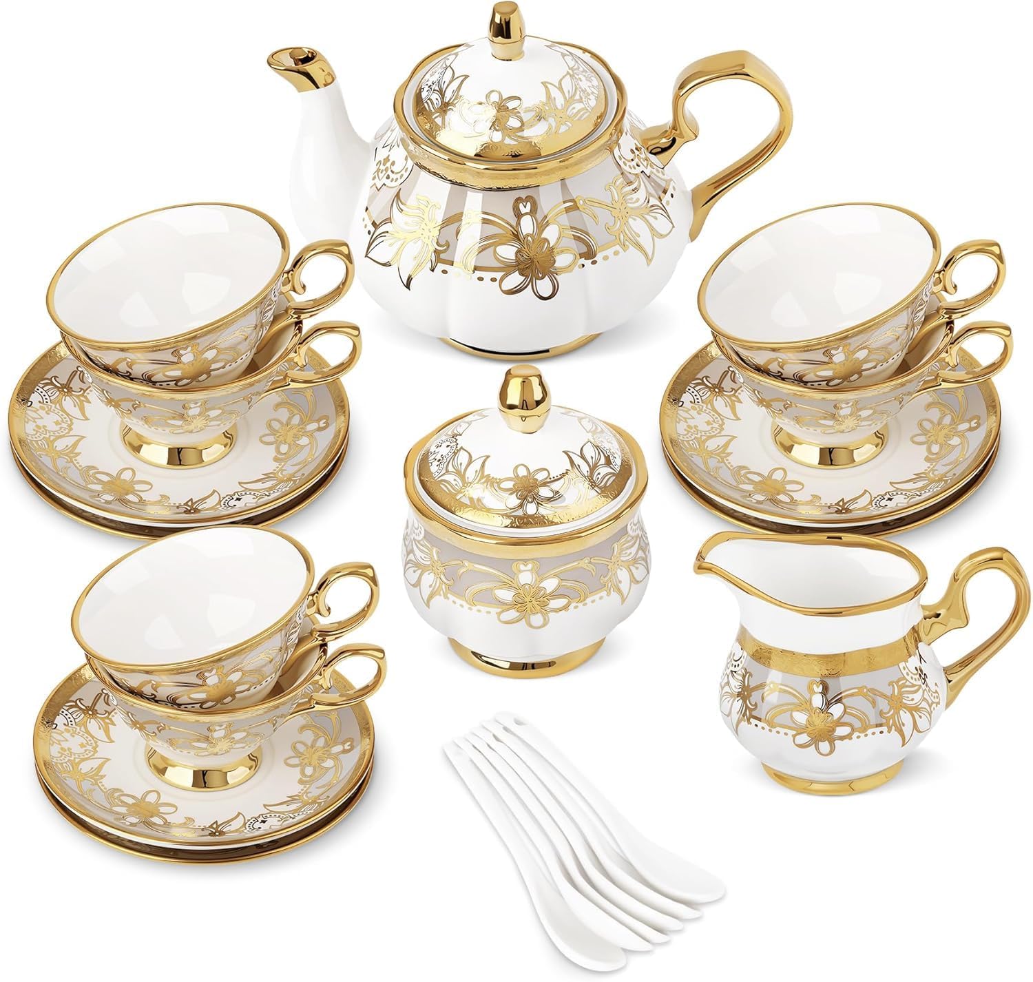 fanquare 21 Pieces Porcelain Tea Set with Sugar Bowl Creamer, Cup and Saucers for 6, Royal Floral Tea Service with Gold Trim for Party Wedding Birthday Gifting