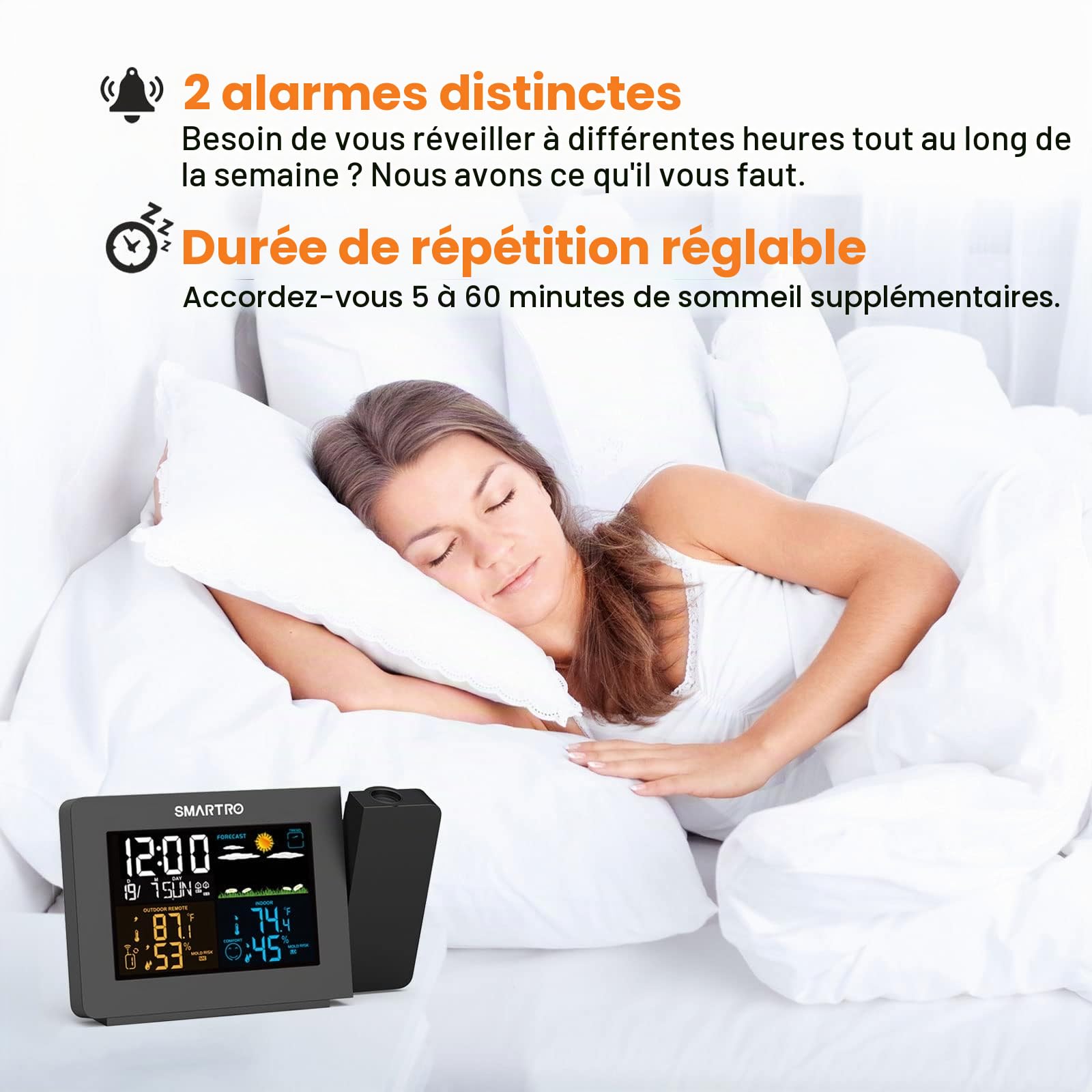 SMARTRO SC91 Réveil à Projection pour Chambre à Coucher avec Station Météo