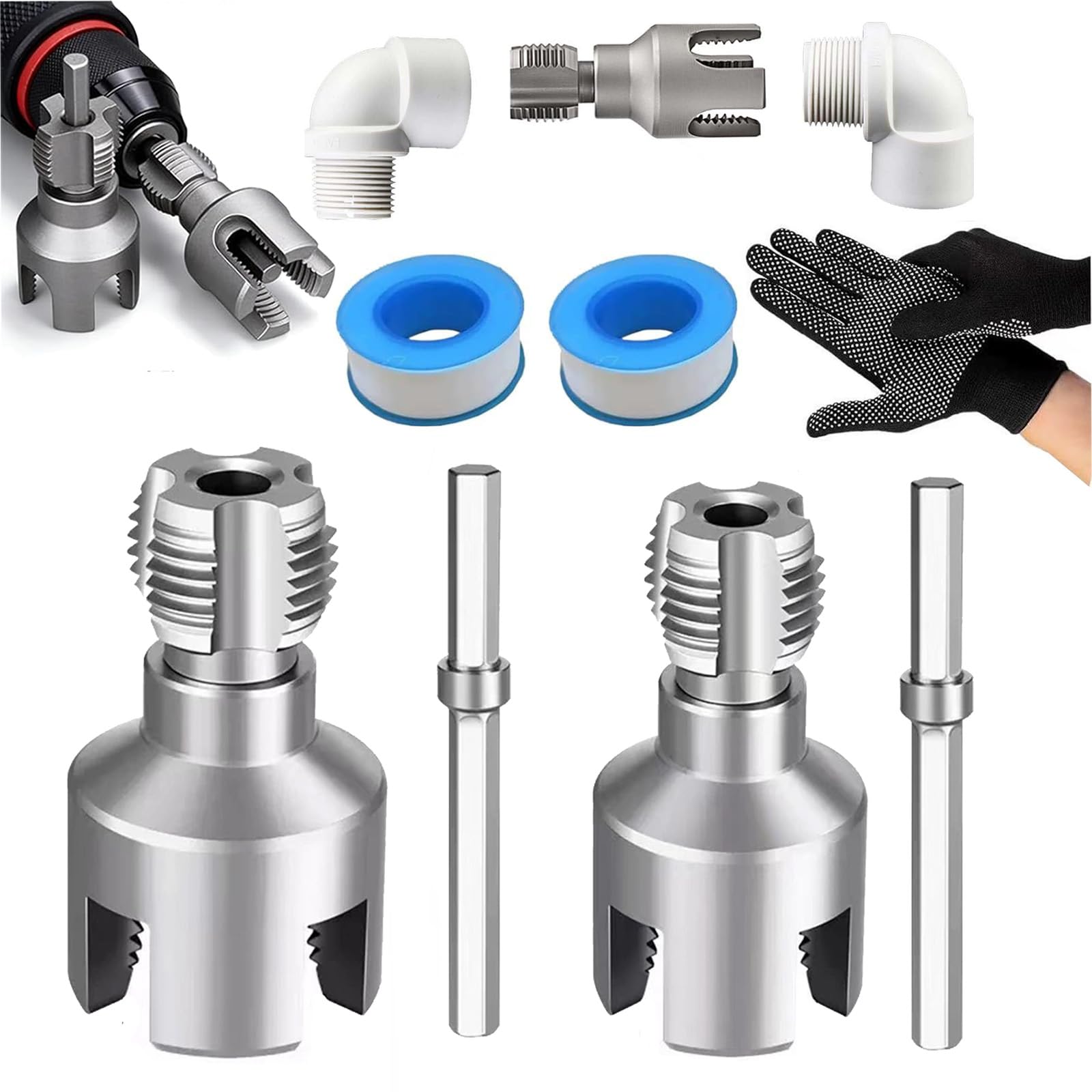 Snrtevu 4 in 1 Water Pipe Wrench, Universal Pipe Compatibility - New PPR, PVC, MPP and Other Pipe Threader Kit - 1/2" & 3/4" Water Pipe Internal Thread Opener Tool for All Electric Drill (1/2"+3/4")
