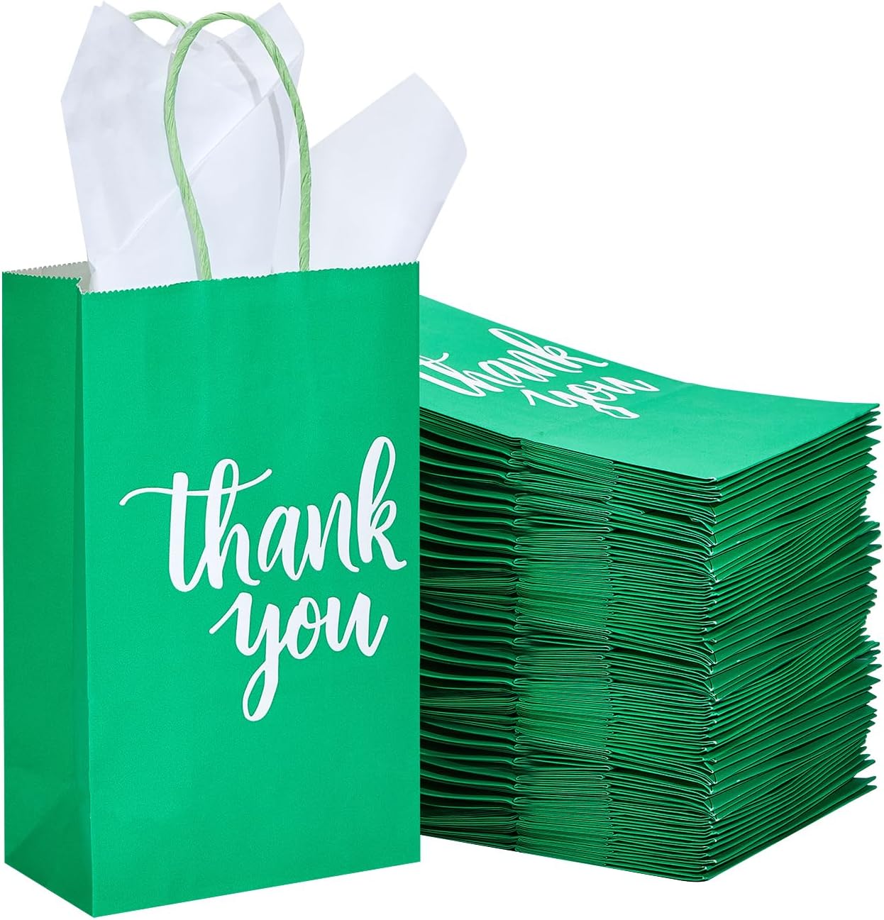 DjinnGlory 100 Pack Small Green Gift Bags with Handles 9x5.5x3.15 Inch for Boutiques, Thank You Paper Bags for Wedding Birthday Party Favors Goodies Christmas Gifts Green&Thank You