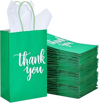 DjinnGlory 100 Pack Small Green Gift Bags with Handles 9x5.5x3.15 Inch for Boutiques, Thank You Paper Bags for Wedding Birthday Party Favors Goodies Christmas Gifts