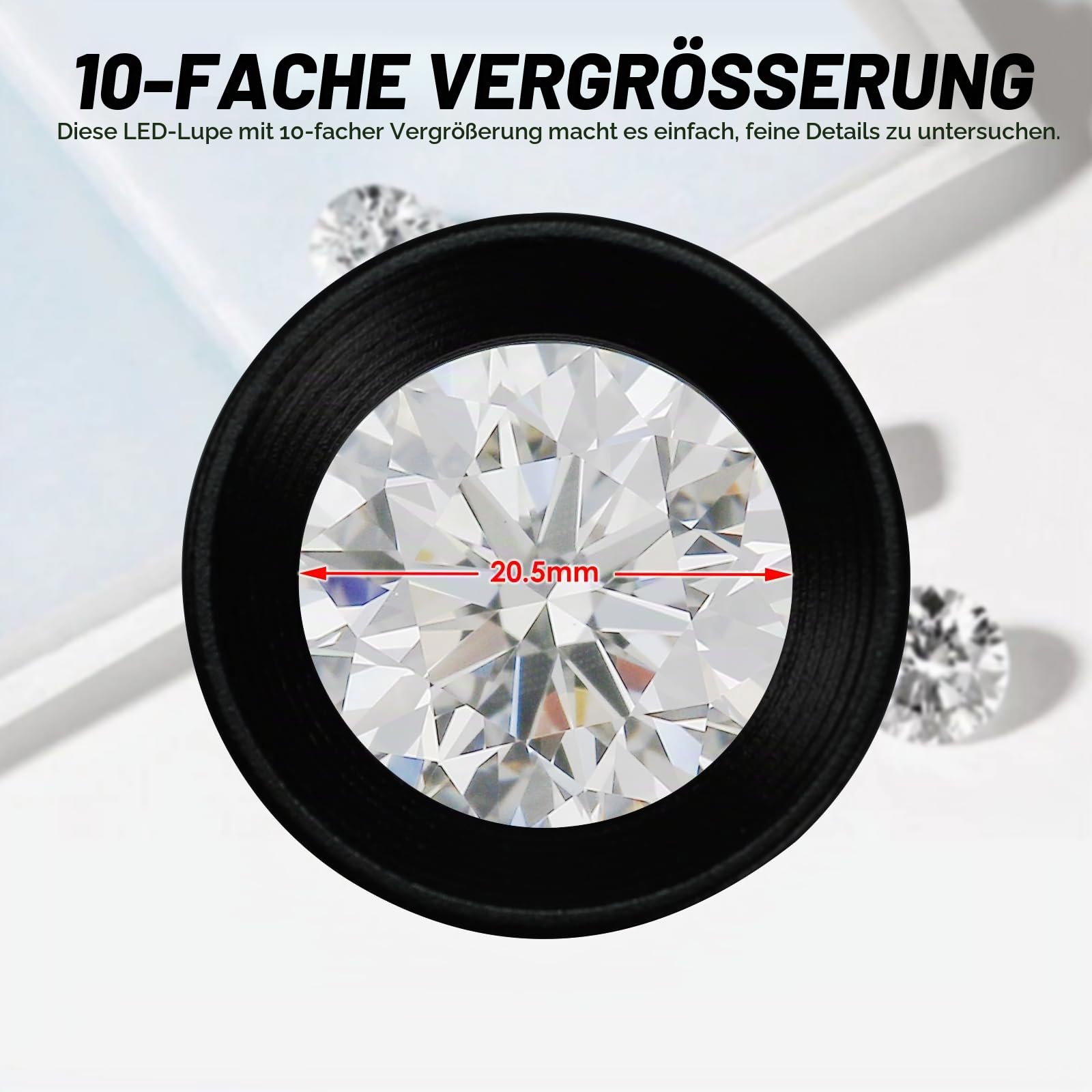 10-fache Triplettlinse, 20,5 mm Vergrößerung, Dunkelfeldlupe mit integriertem LED-Licht, kompaktes Aluminium-Design, optisches Glas, tragbares Edelstein- und Mineralinspektionswerkzeug