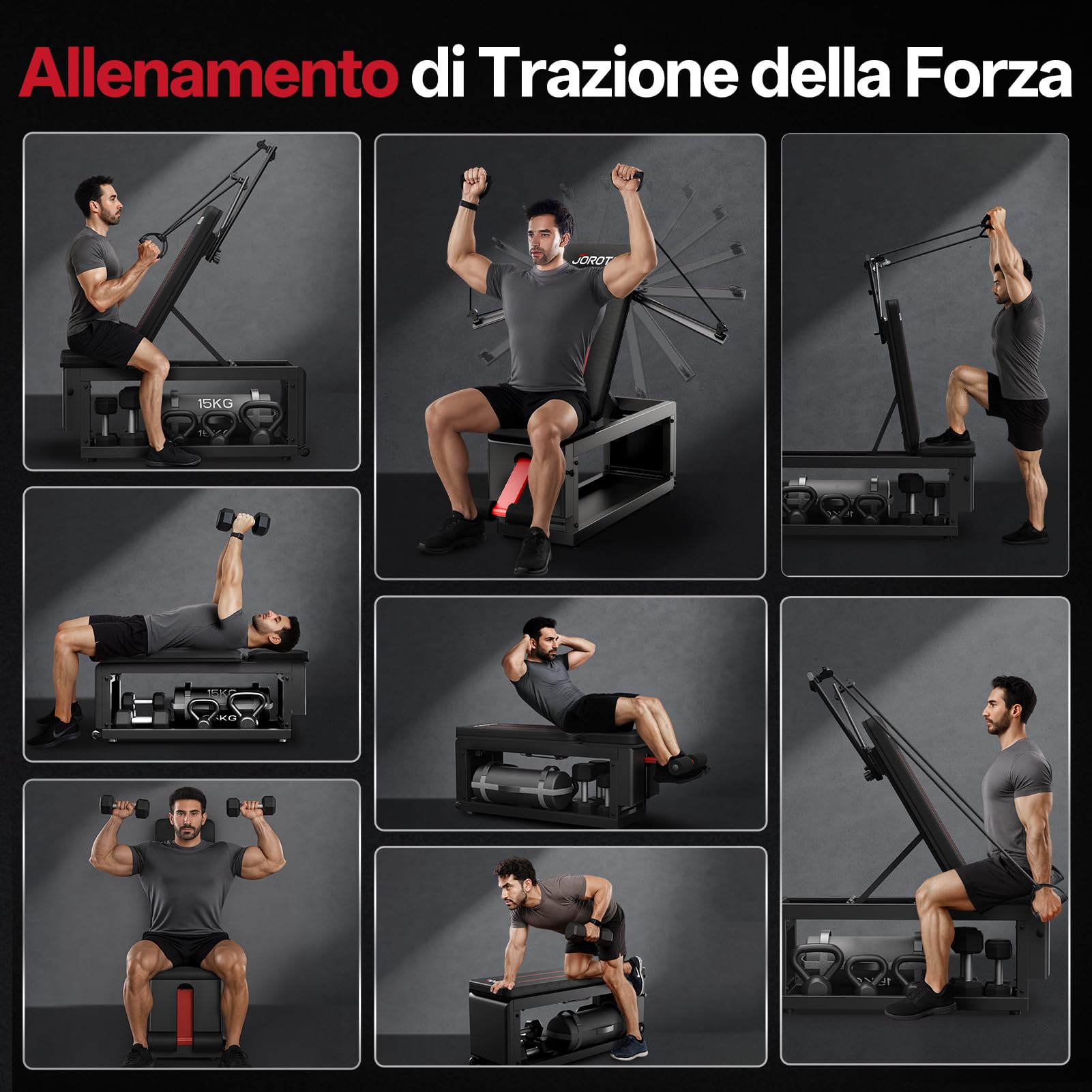 JOROTO MD85 Panca Palestra Regolabile con Deposito Integrato, 990LBS/450KG Capacità Panca Pesi Multifunzione, Braccio di Trazione 9 Posizioni e Schienale 7 Posizioni Panca Piana per Palestra a Casa