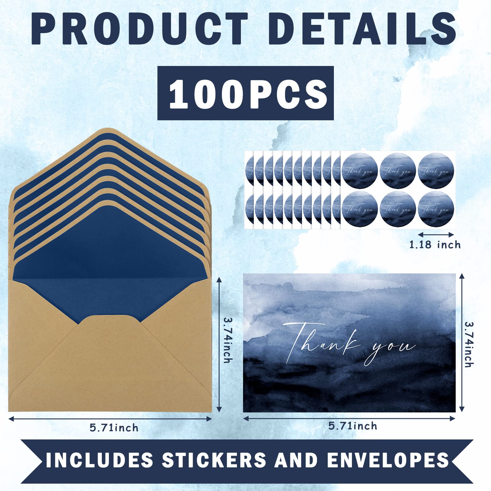 Lot de 100 cartes de remerciement avec enveloppes, 100 autocollants, notes de remerciement élégantes imprimables, cartes de remerciement avec enveloppes de style kraft marron (bleu)