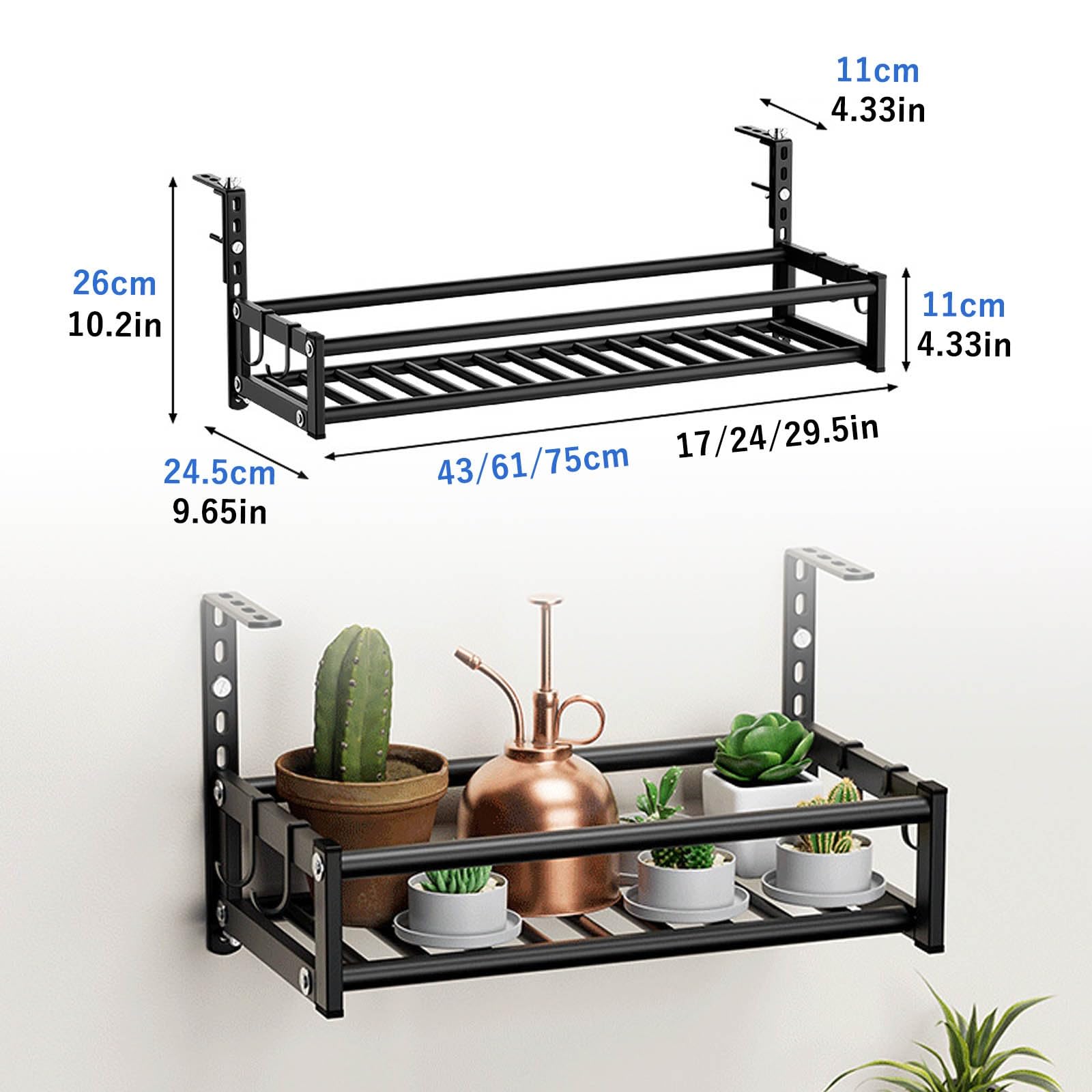 Crochet de suspension réglable pour balcon - Gris - 43 x 24,5 x 26 cm - Facile à installer - Support robuste pour plantes - Idéal pour la décoration de jardin en plein air - Design gain de place