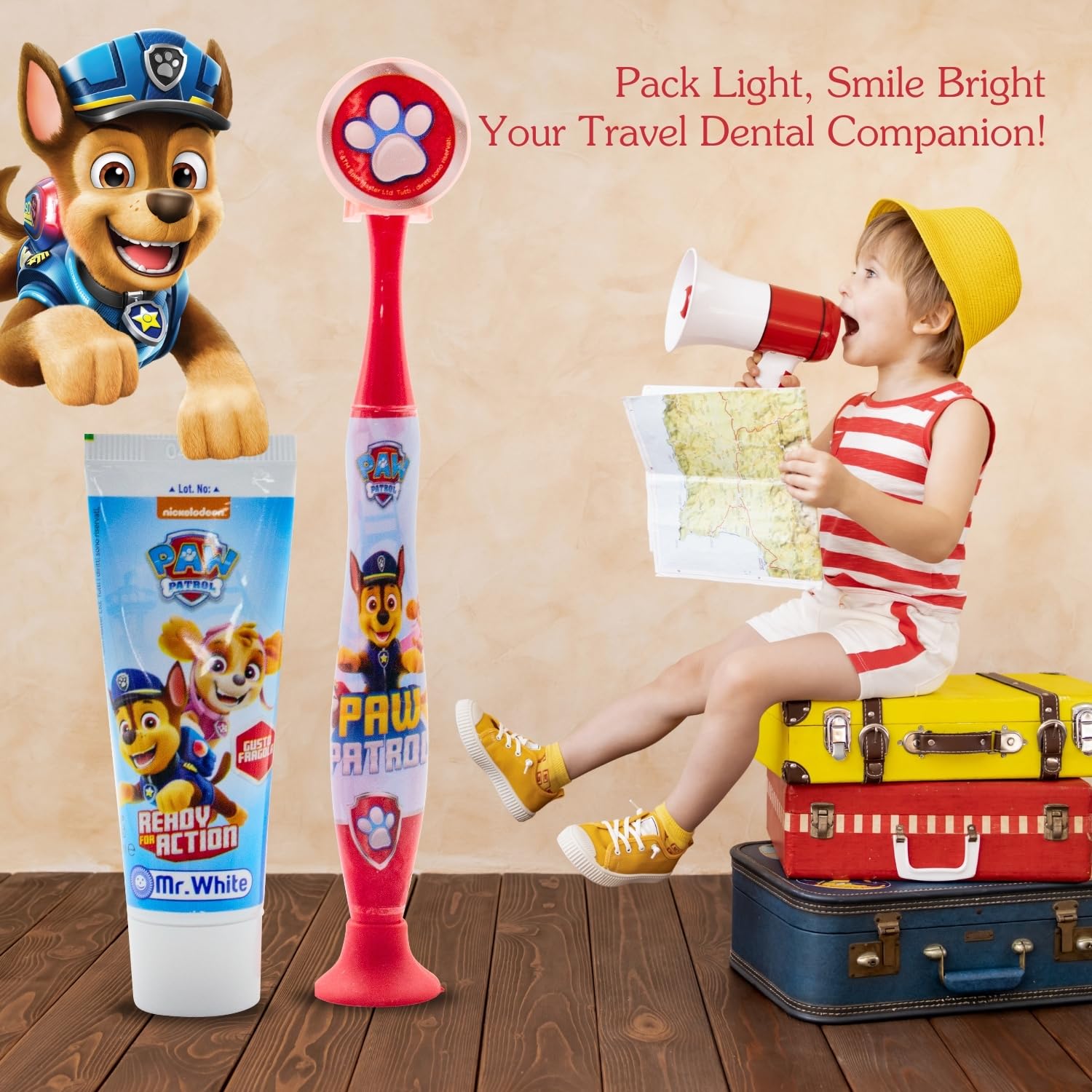 Paw Patrol, set da viaggio per bambini, include dentifricio aromatizzato alla fragola e spazzolino a setole morbide con ventosa e tappo protettivo, kit per l'igiene orale adatto ai viaggi per bambini