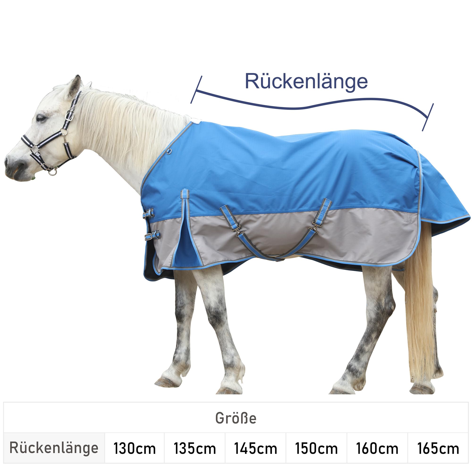 1200D Coperta per cavalli resistente allo strappo senza imbottitura (0g), Coperta da esterno leggera, impermeabile e traspirante per cavalli, Blu-Grigio 145 cm