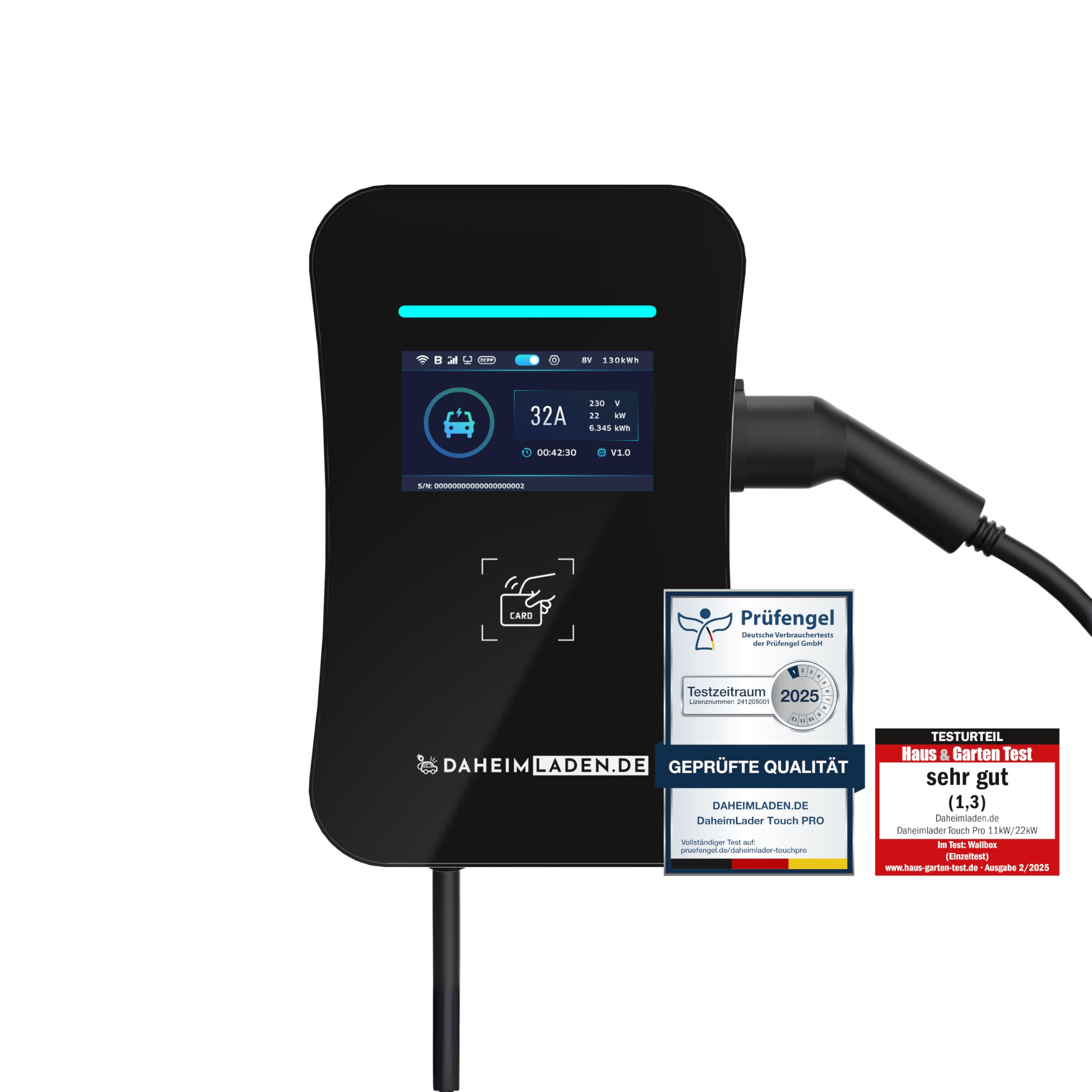 DAHEIM LADEN.DE Touch PRO Wallbox 11kW, mit 7.5m Ladekabel, mit App, MID-Stromzähler, PV-Überschussladen, Lastmanagement, RFID, 14a