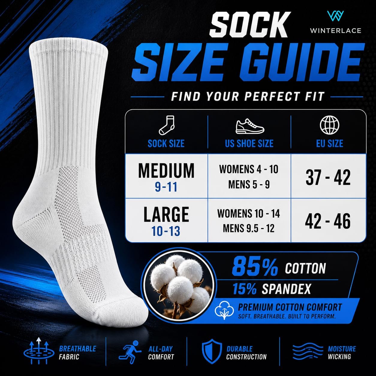 Winterlace Unisex Cushioned Crew Socks Cotton Athletic Running Training Gym 3 Pairs Mens Womens